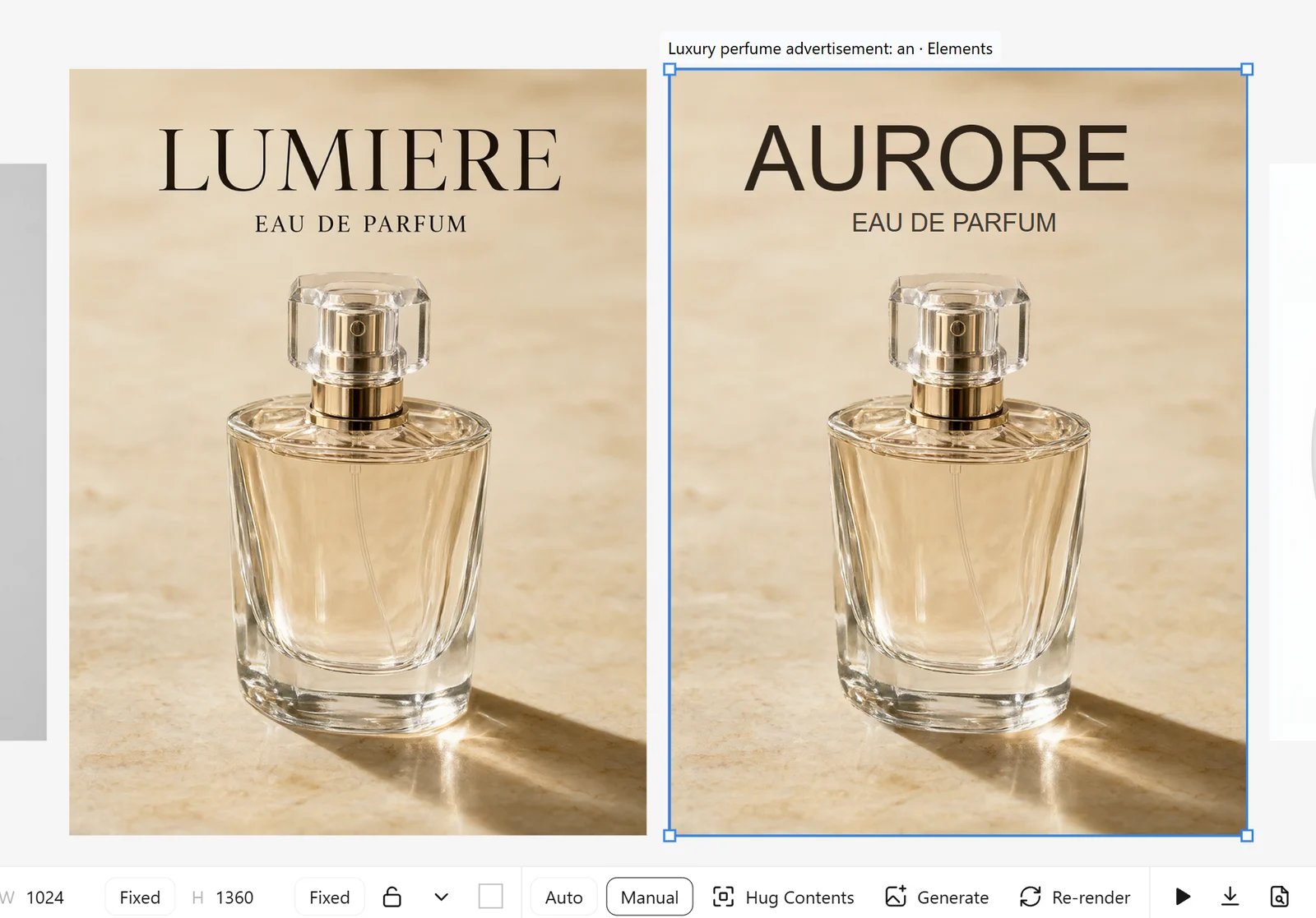 Original perfume ad next to its rebuilt artboard with the brand name changed
