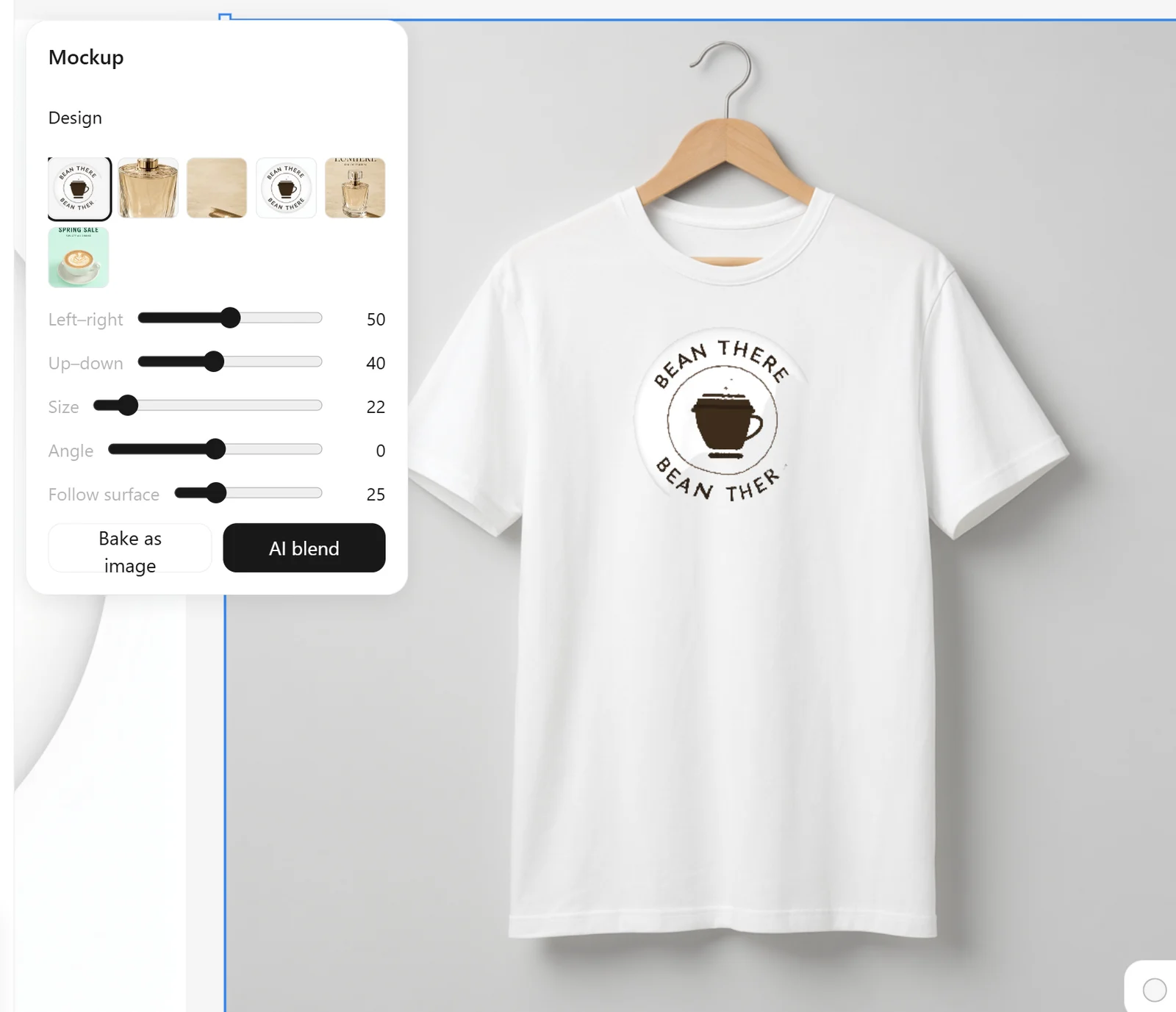 Mockup panel placing a badge logo on a t-shirt