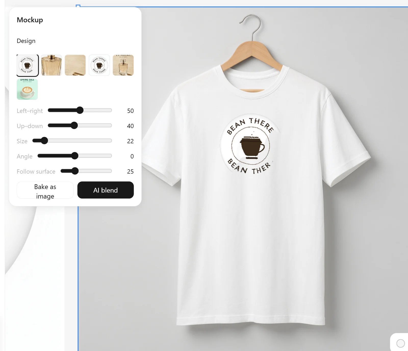 Mockup panel placing a badge logo on a t-shirt