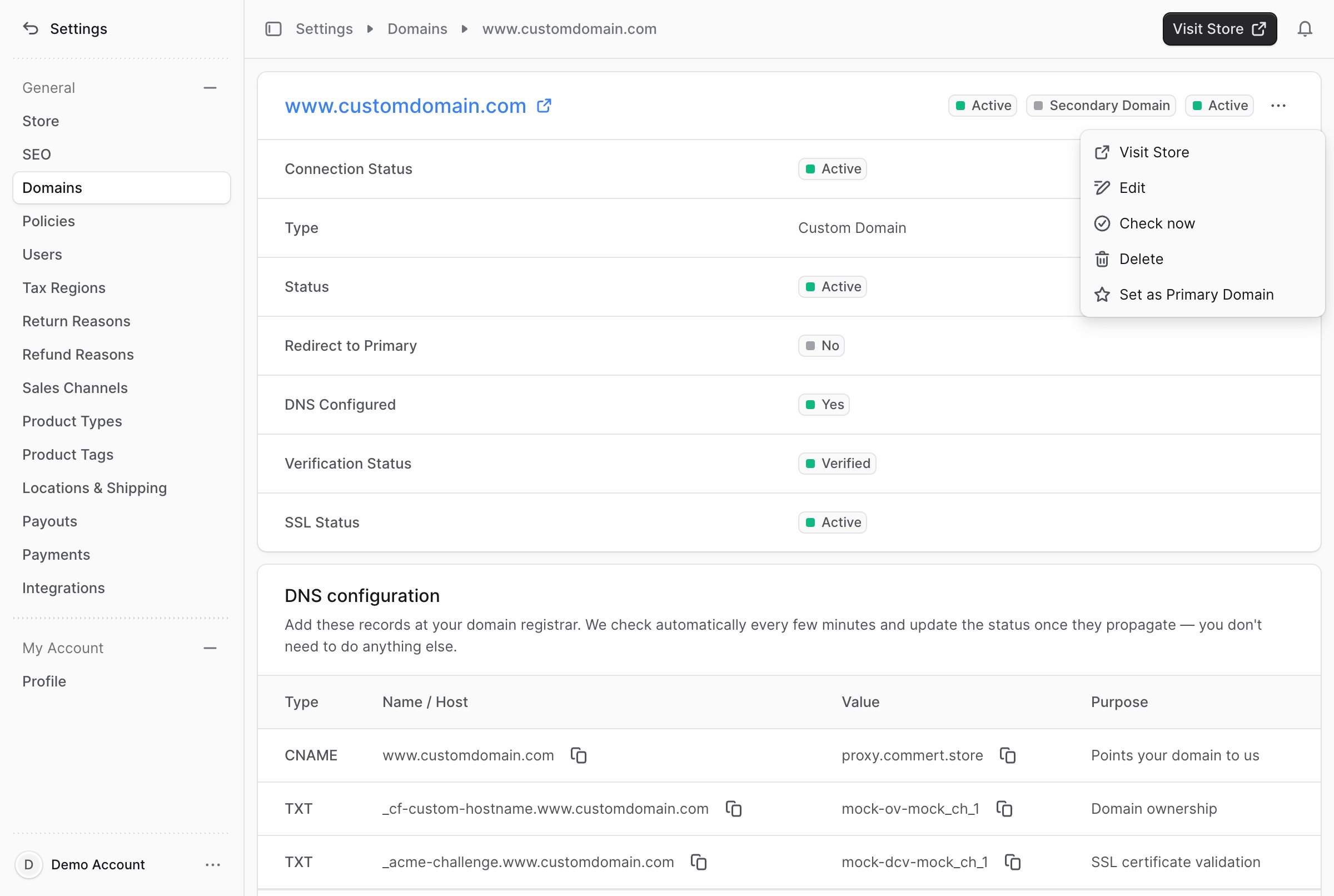 Domain actions menu
