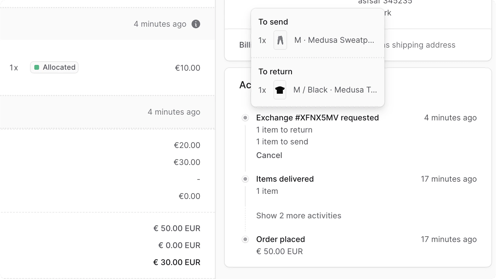 Exchange requested in Activity section