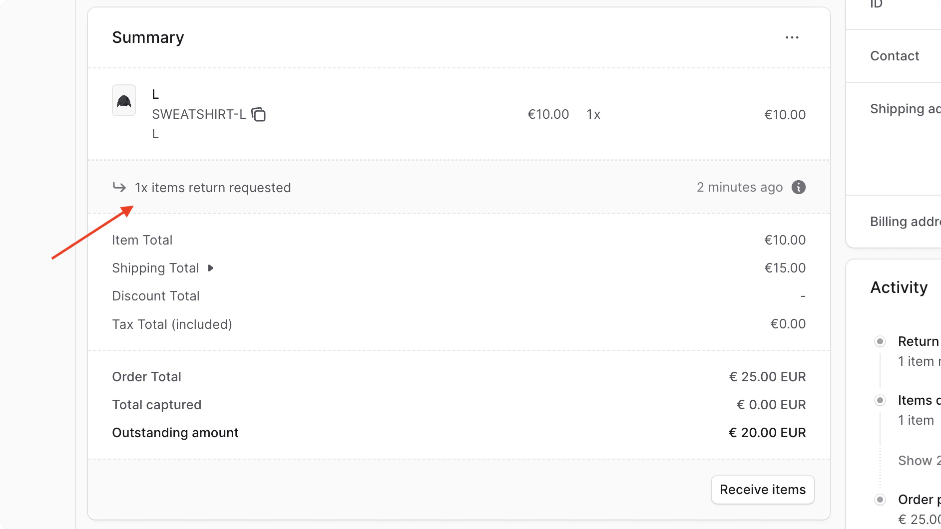 Items to be returned in Summary section