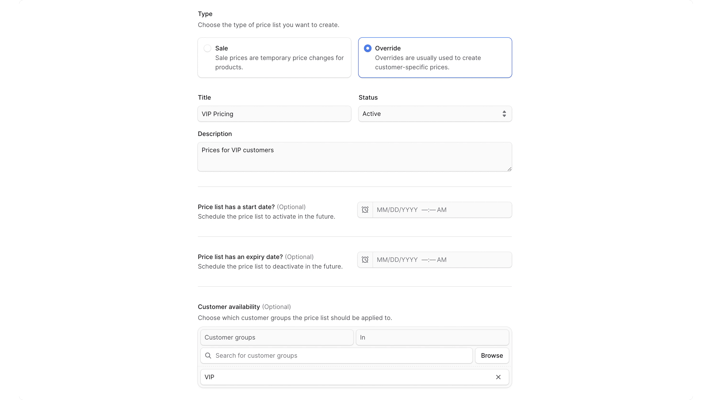 मूल्य सूची विवरण फॉर्म बनाएं
