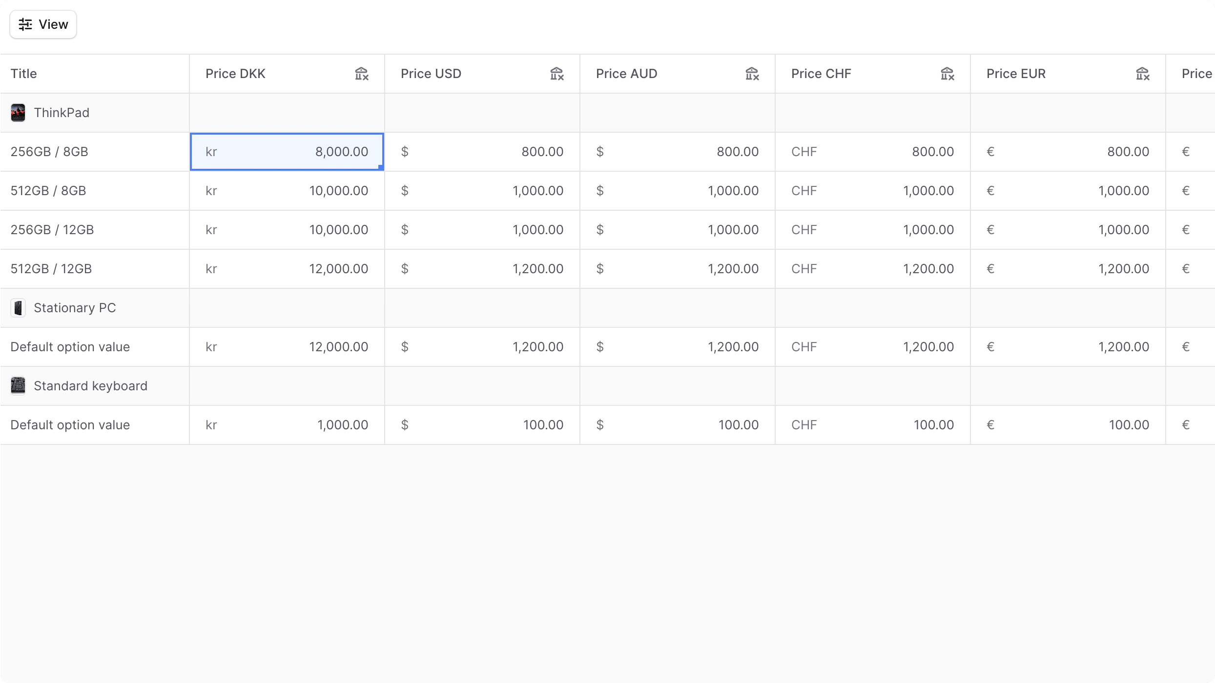 मूल्य सूची में कीमतें संपादित करें
