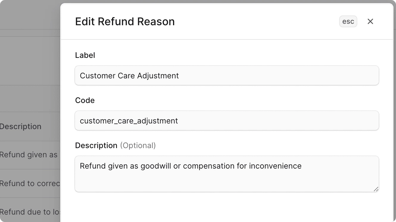 रिफंड कारण फॉर्म संपादित करें