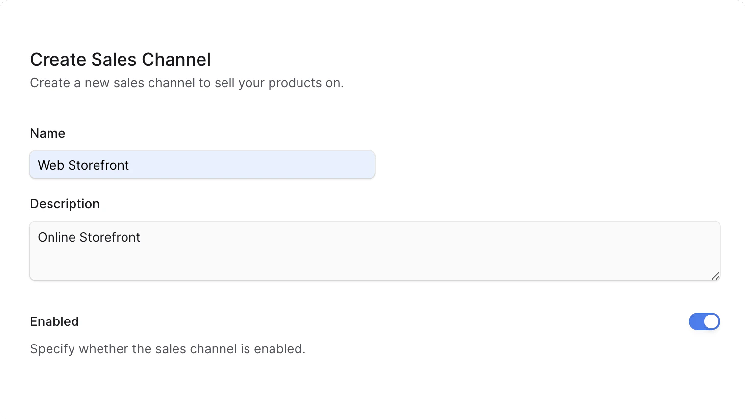Create sales channel form