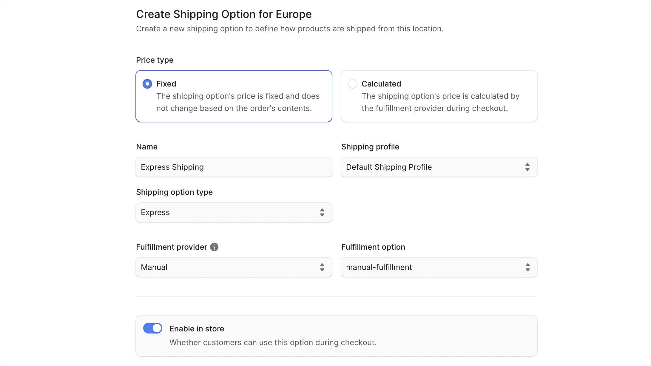 Create shipping option form step 1