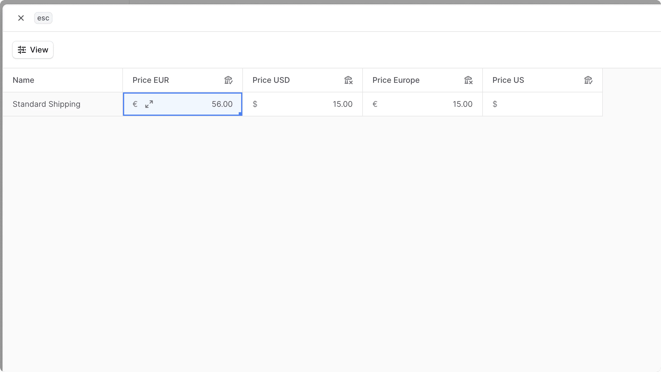 Edit shipping option prices form