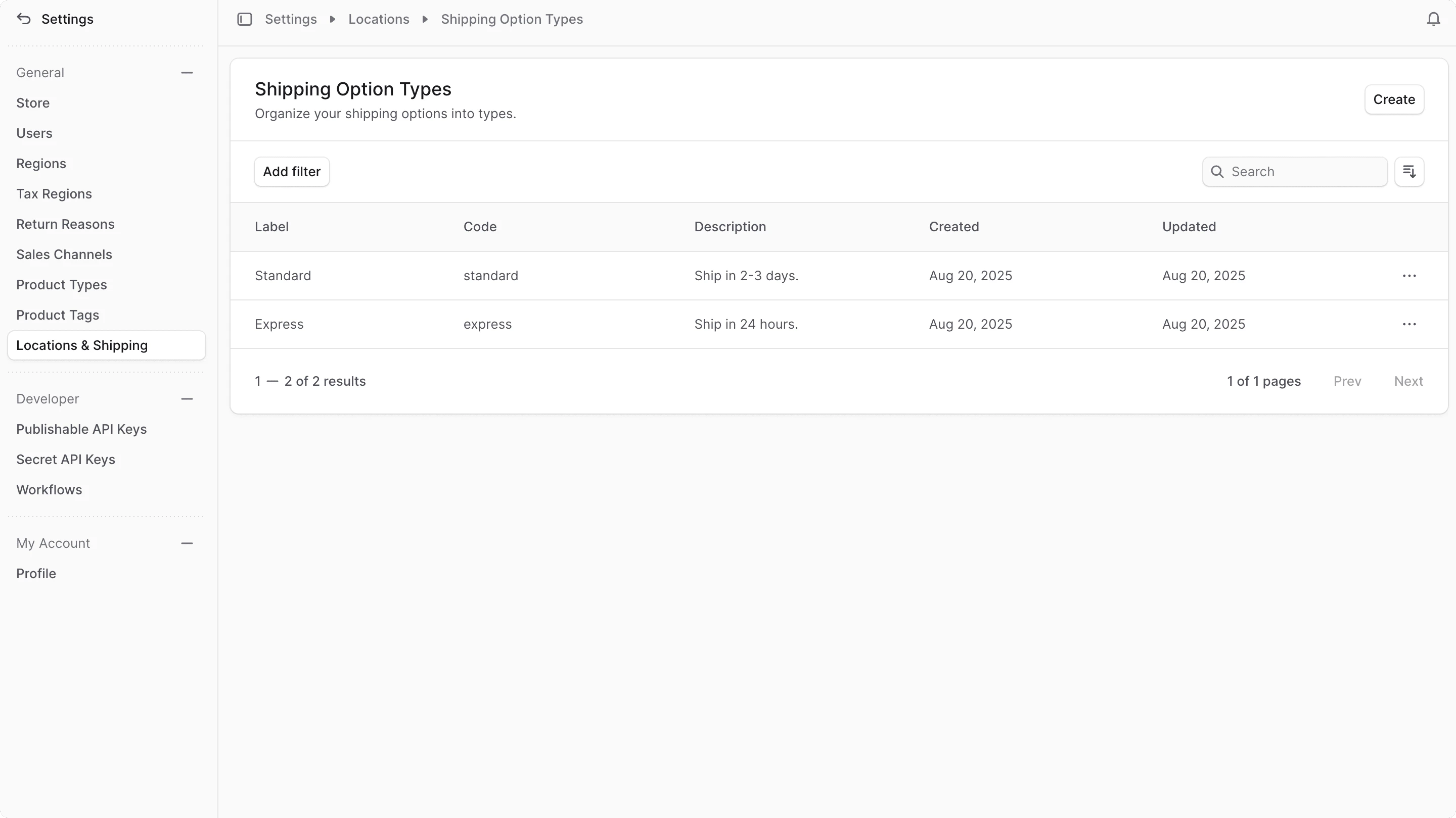 Shipping Option Types list