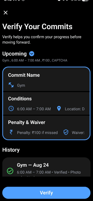 Verify Your Commits screen showing upcoming commitment details