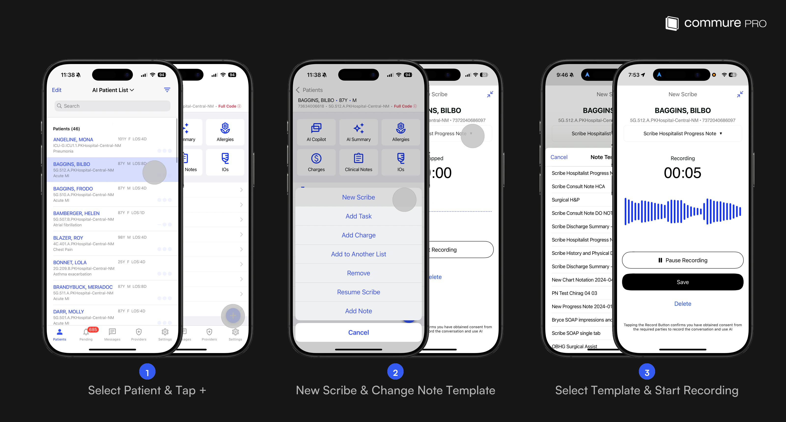 Select patient and tap +, then New Scribe, choose a template, and start recording