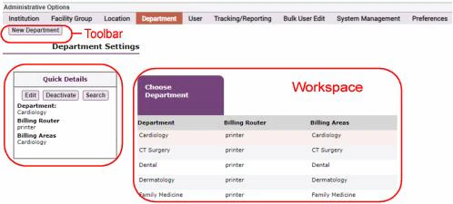 Department tab showing toolbar, Quick Details panel, and workspace area