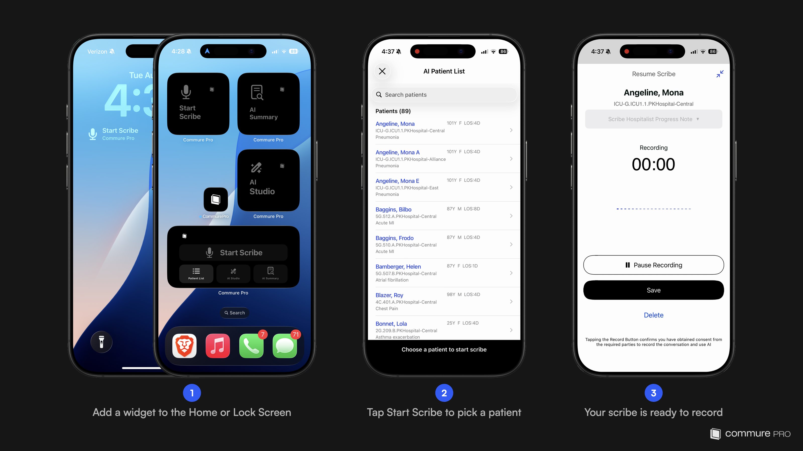iPhone screens showing Commure Pro widgets on the Lock Screen and Home Screen, the AI Patient List picker with a search bar, and the scribe recording screen
