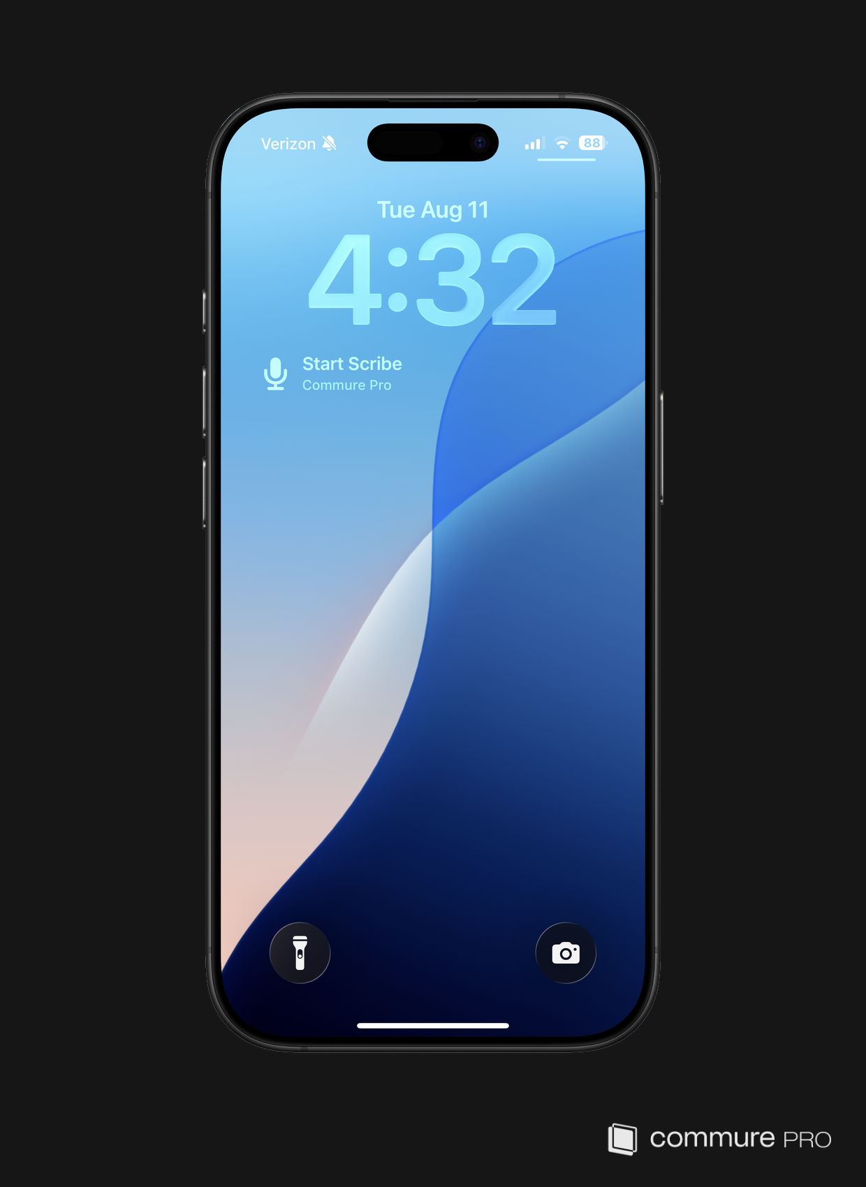 An iPhone Lock Screen with the Commure Pro Start Scribe accessory widget below the clock