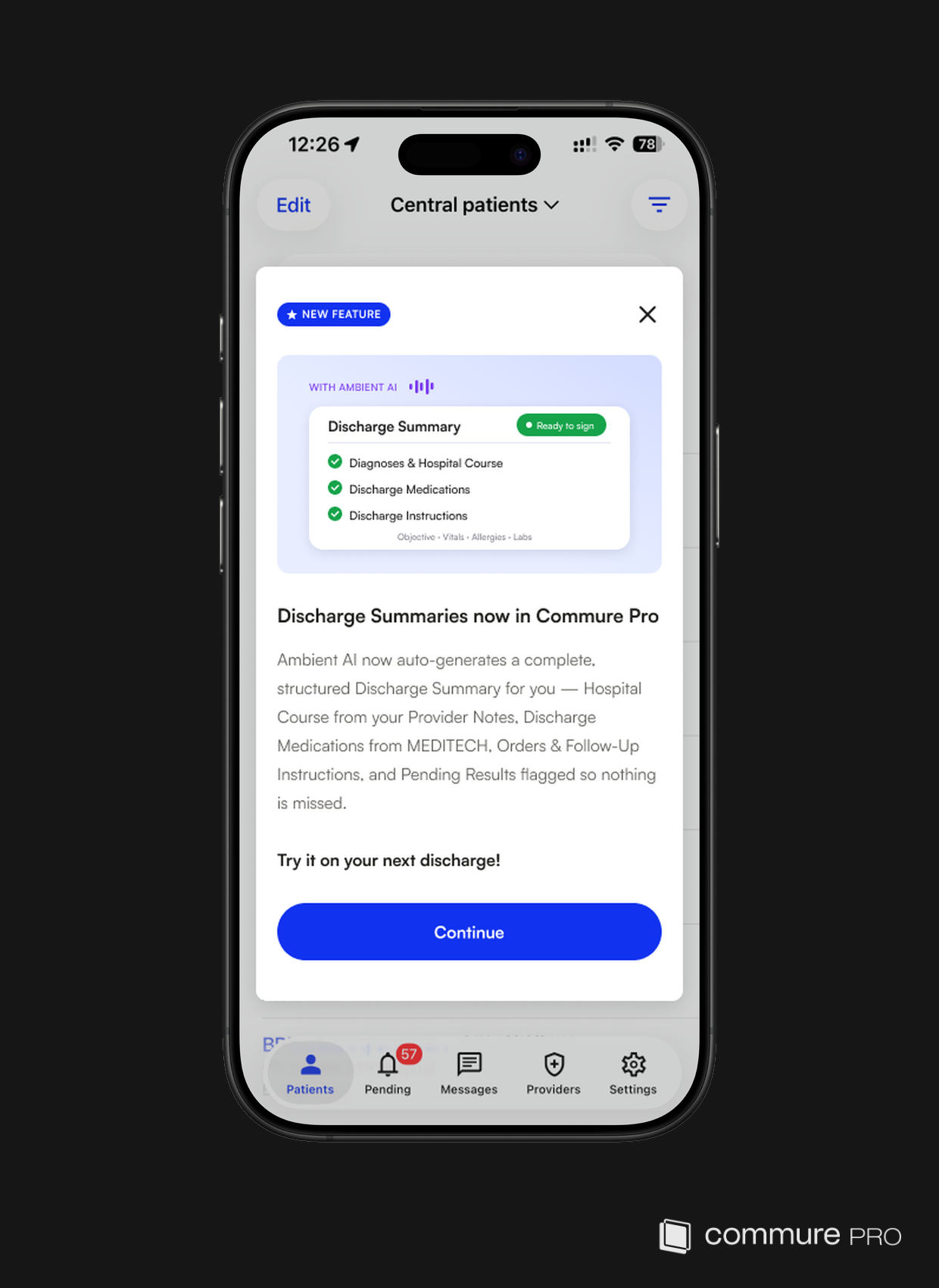 An in-app feature announcement popup over the patient list, showing a NEW FEATURE badge, a close button, an illustration and description of the capability being announced, and a Continue button