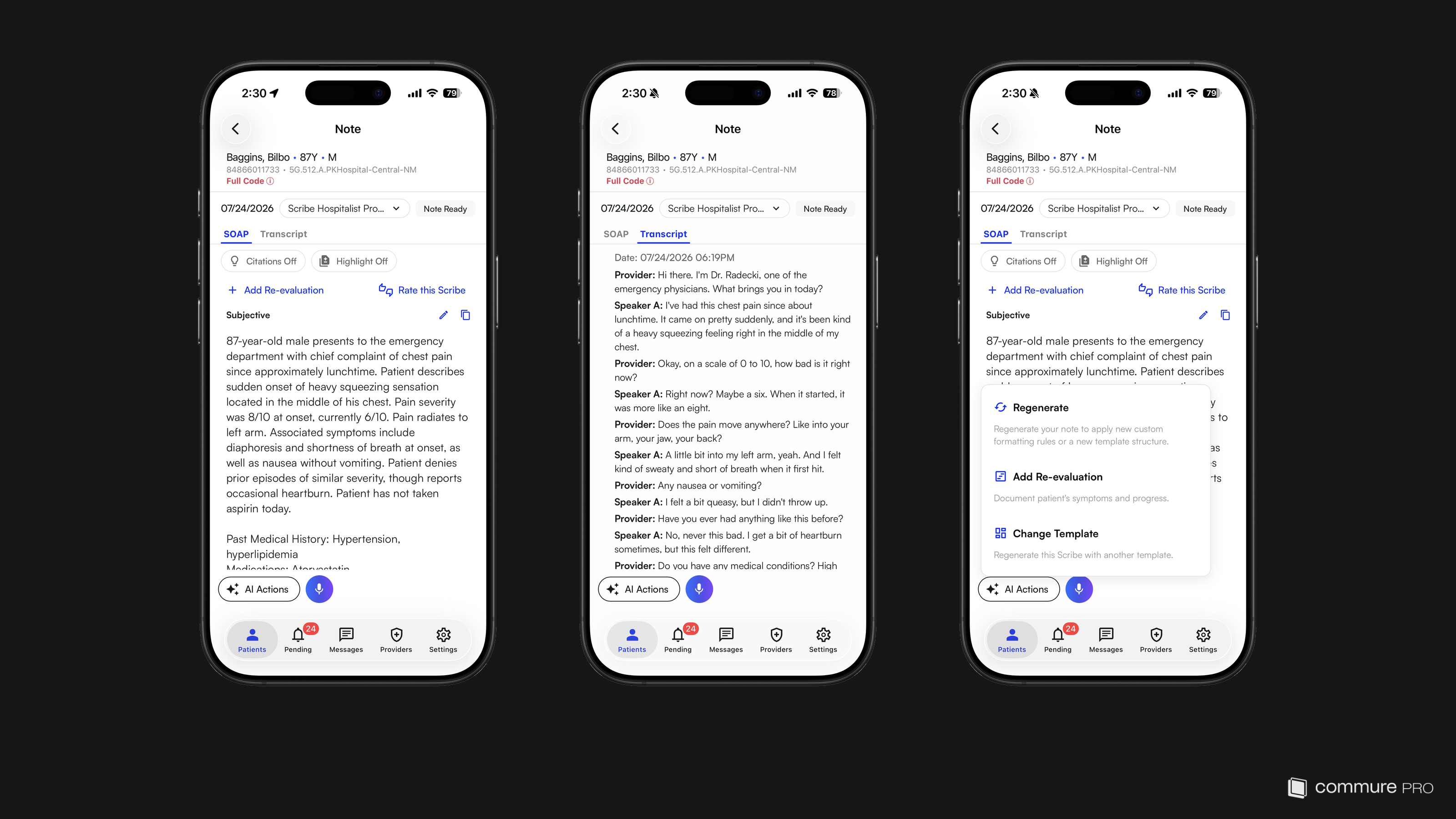 The note editor showing the SOAP tab with Add Re-evaluation and Rate this Scribe, the Transcript tab, and the AI Actions menu listing Regenerate, Add Re-evaluation, and Change Template
