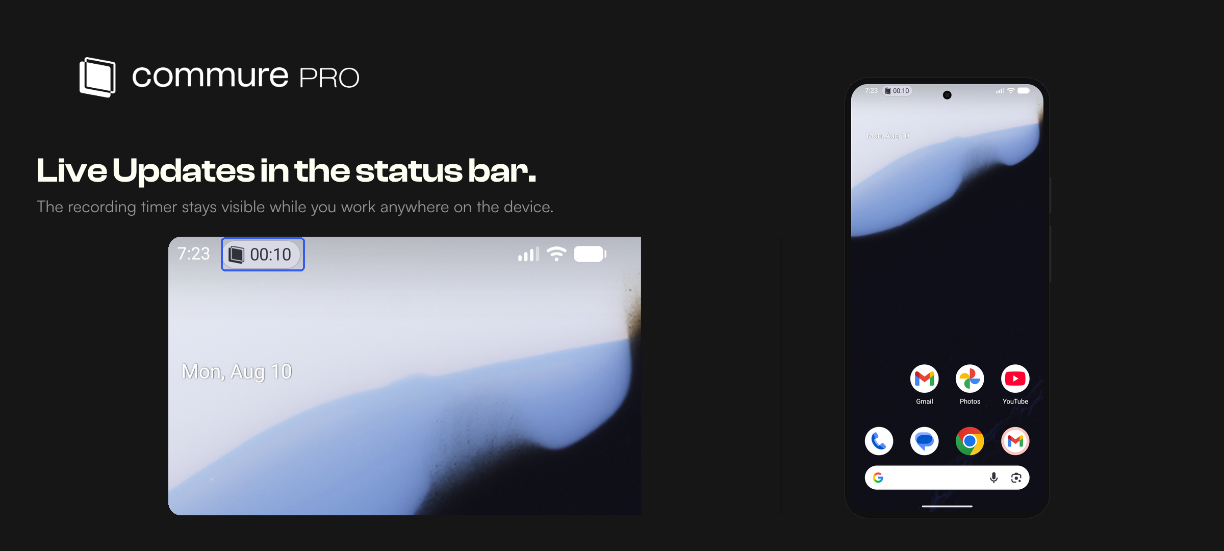 Close-up of the Android status bar with the Live Updates chip showing the Commure Pro icon and elapsed recording time