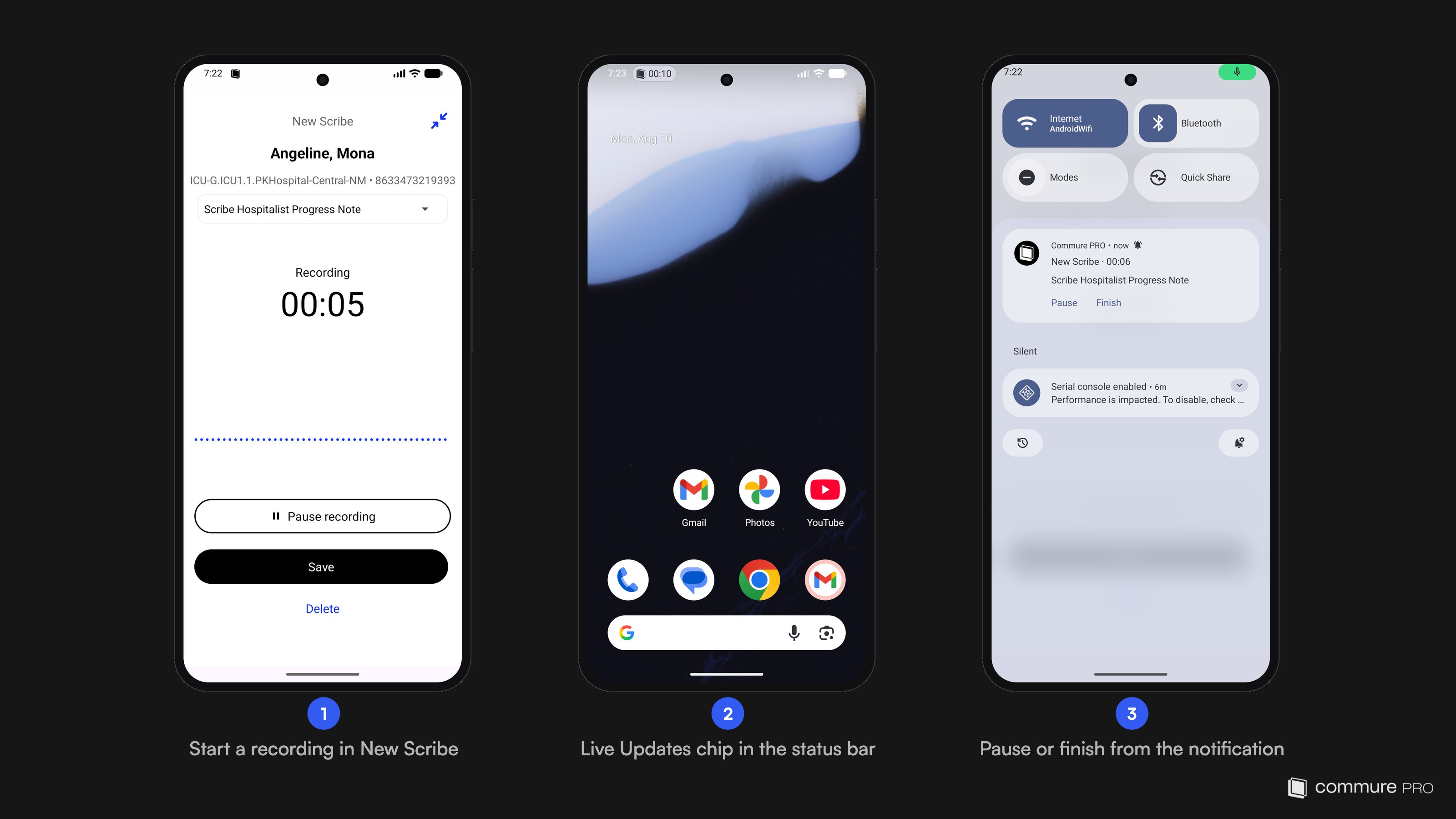 Recording screen with timer, home screen showing the Live Updates chip in the status bar, and the notification shade with Pause and Finish actions