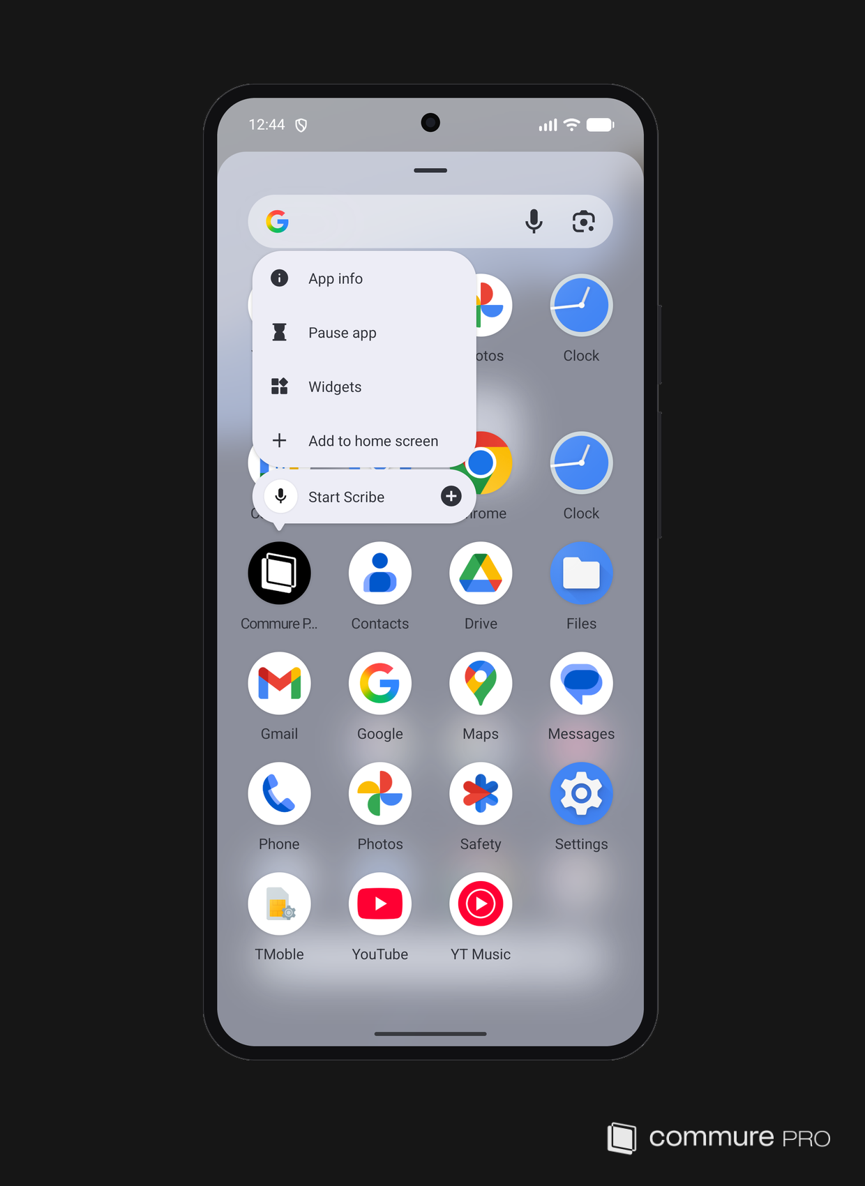 The Android launcher long-press menu on the Commure PRO app icon showing the Start Scribe shortcut
