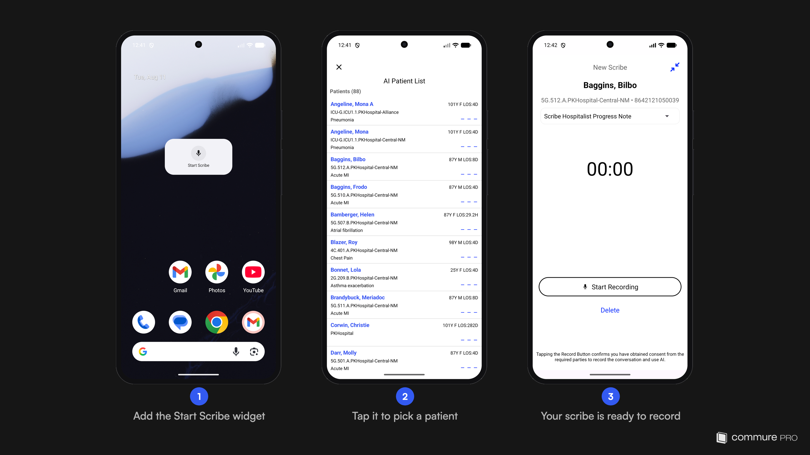 Three phone screens: the Start Scribe widget on an Android home screen, the patient list picker it opens, and the New Scribe recording screen