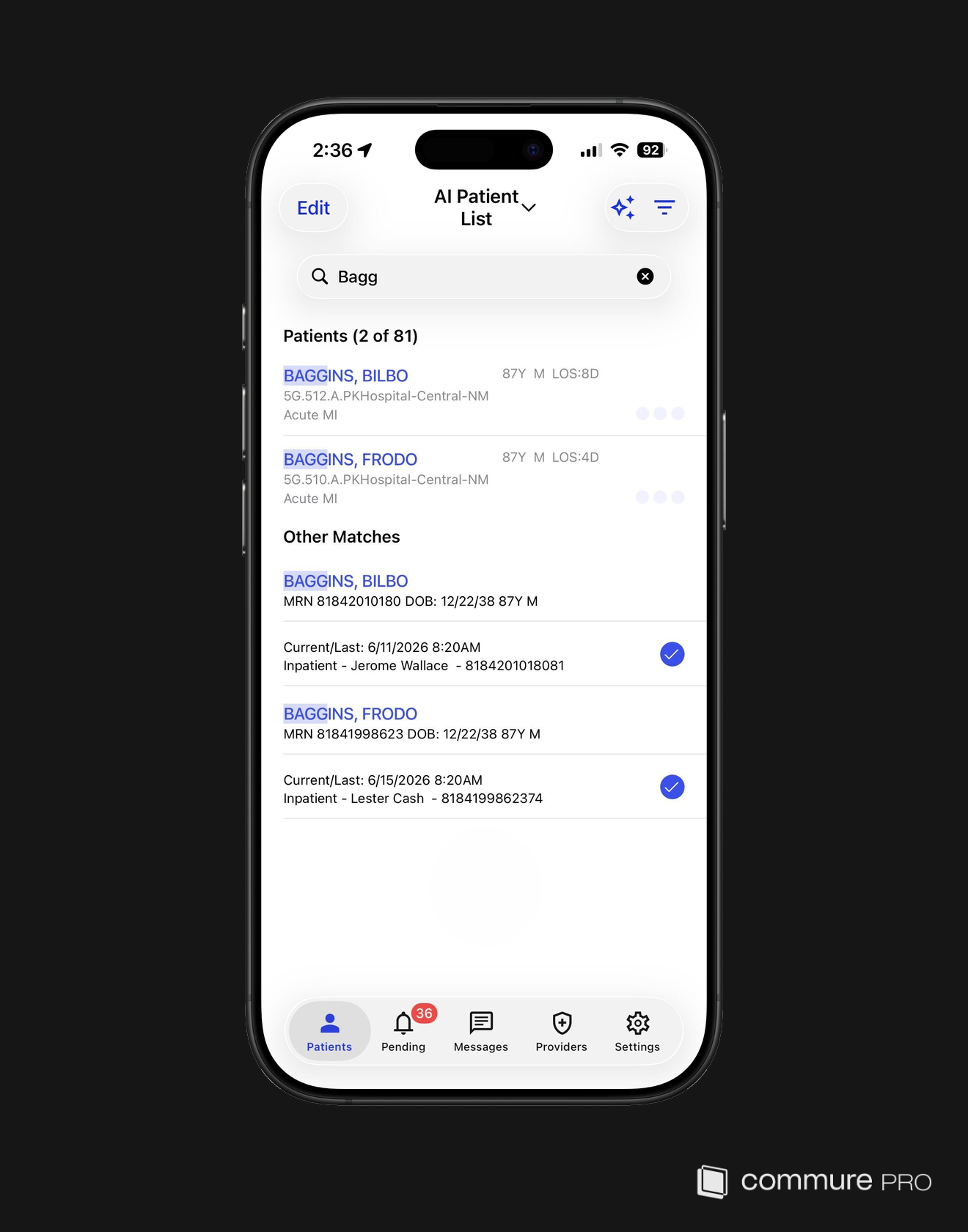 Patient List search showing in-list matches and an Other Matches section