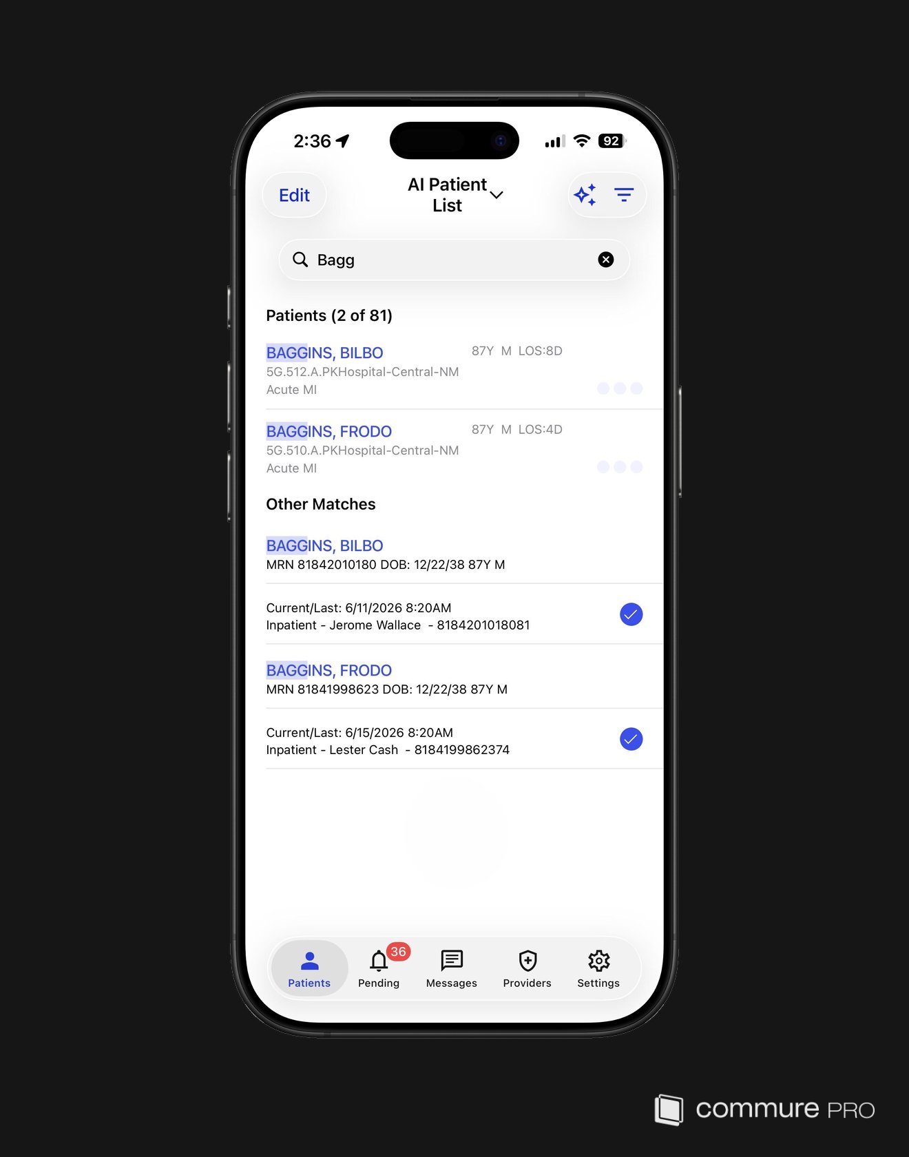 Patient List search showing in-list matches and an Other Matches section