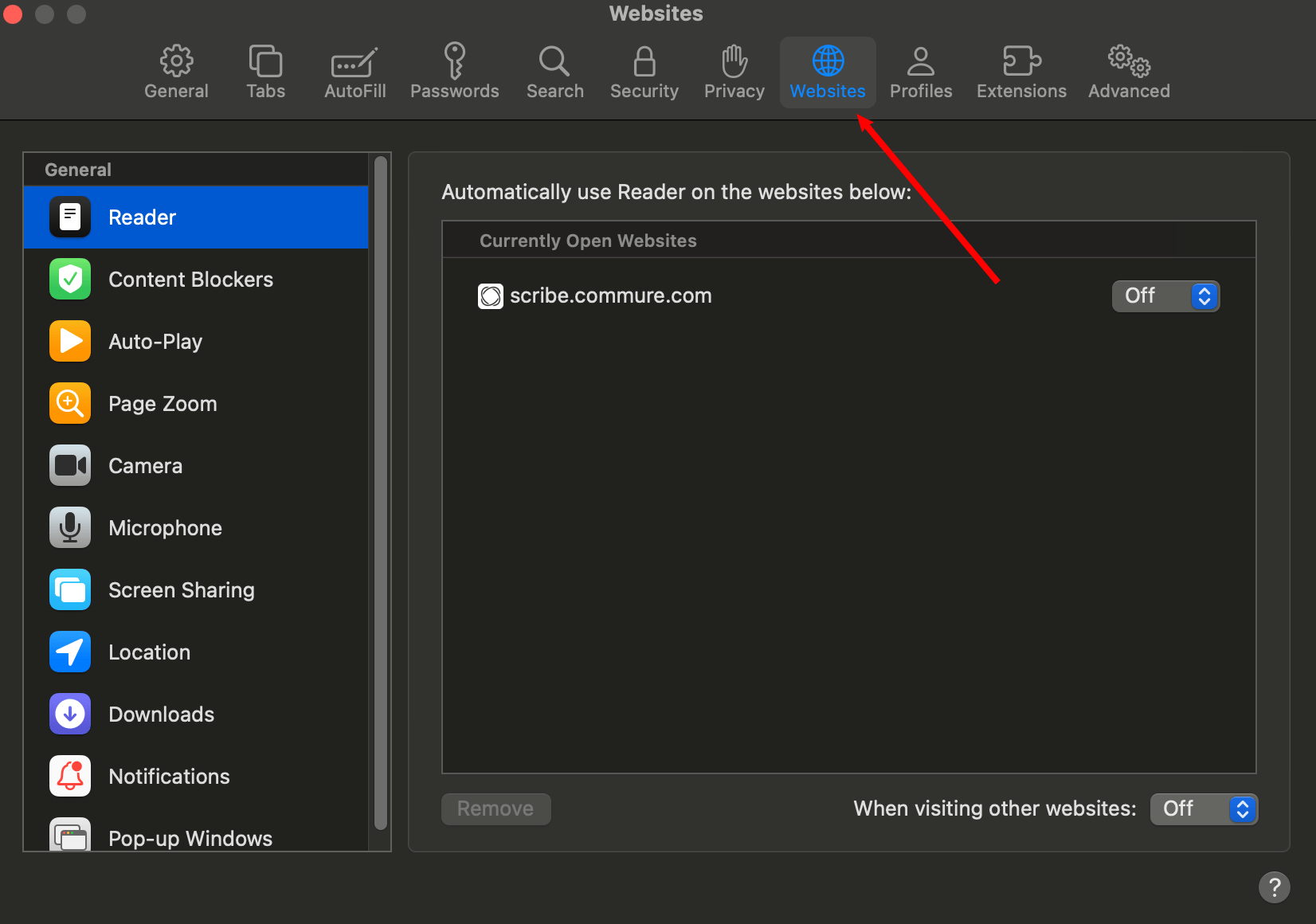Websites tab