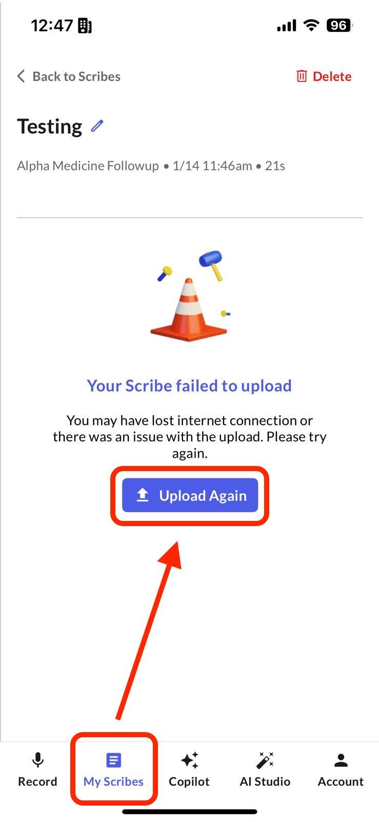 Upload Again button on mobile