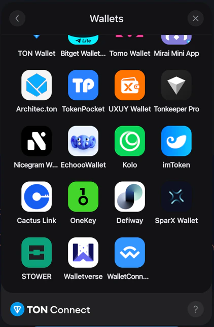WalletConnect entry at the bottom of the TON Connect All Wallets modal