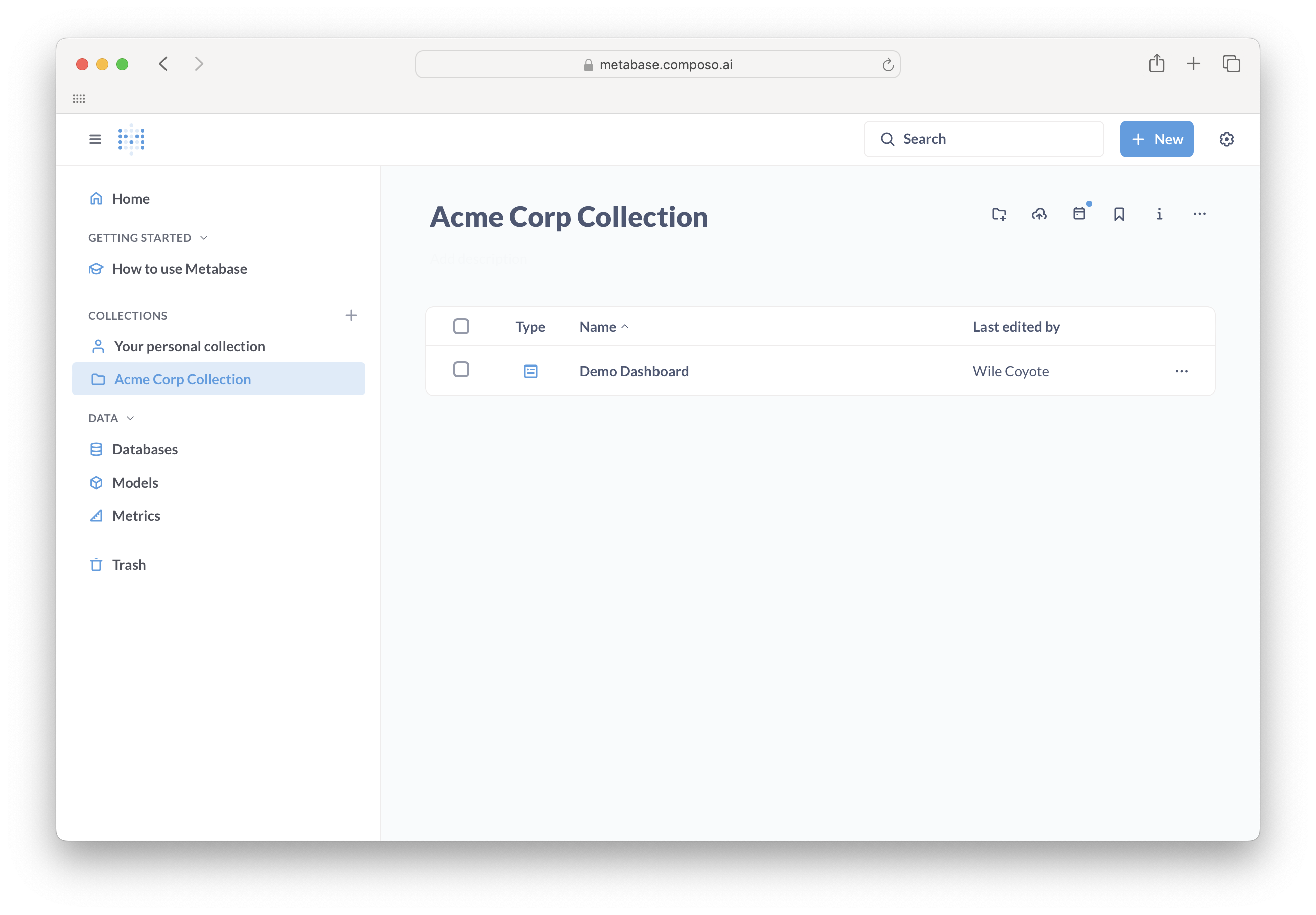 Metabase collections view showing list of dashboards and saved queries organized in team collections