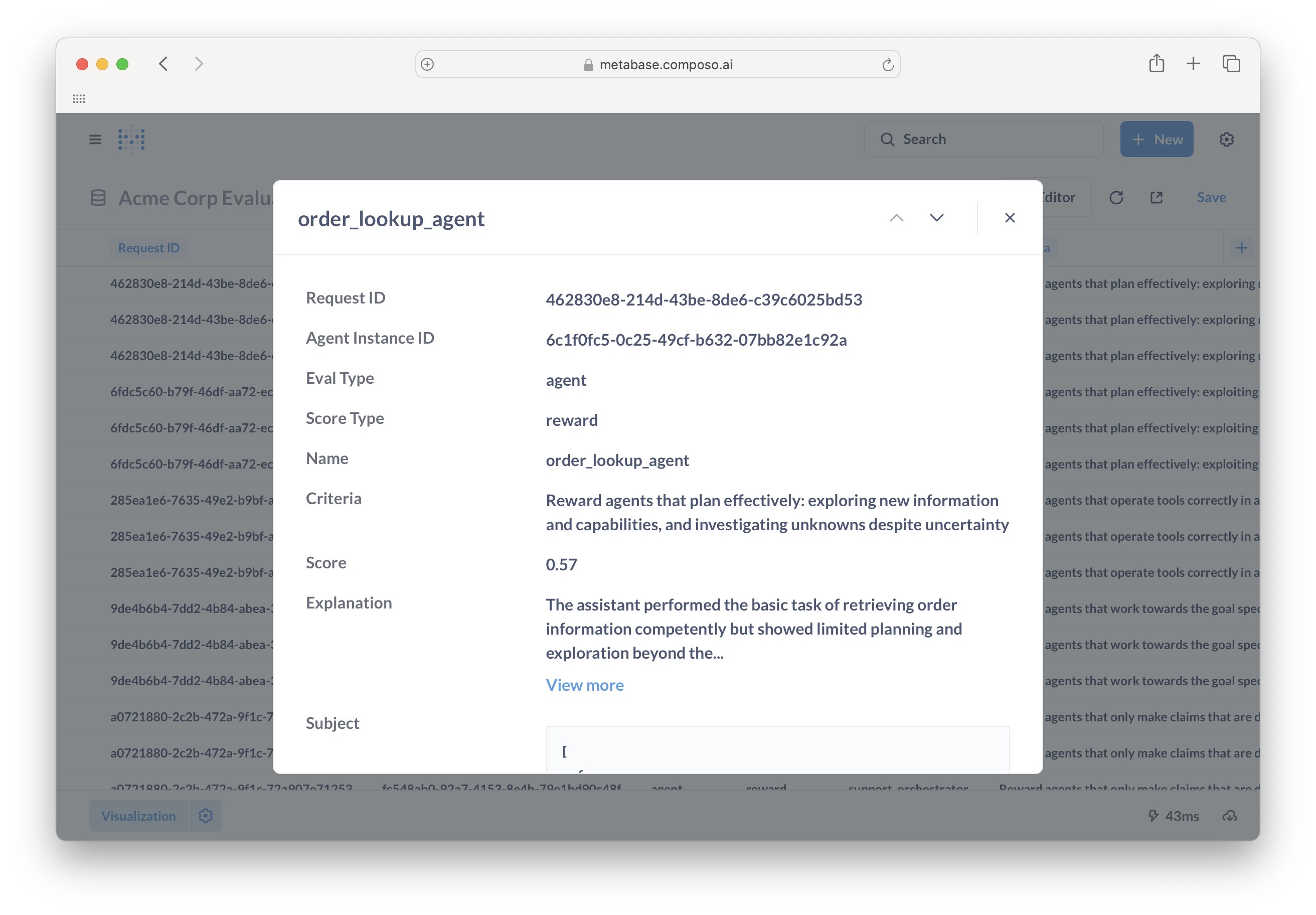 Evaluation detail modal showing complete information for a single evaluation including score, explanation, and metadata
