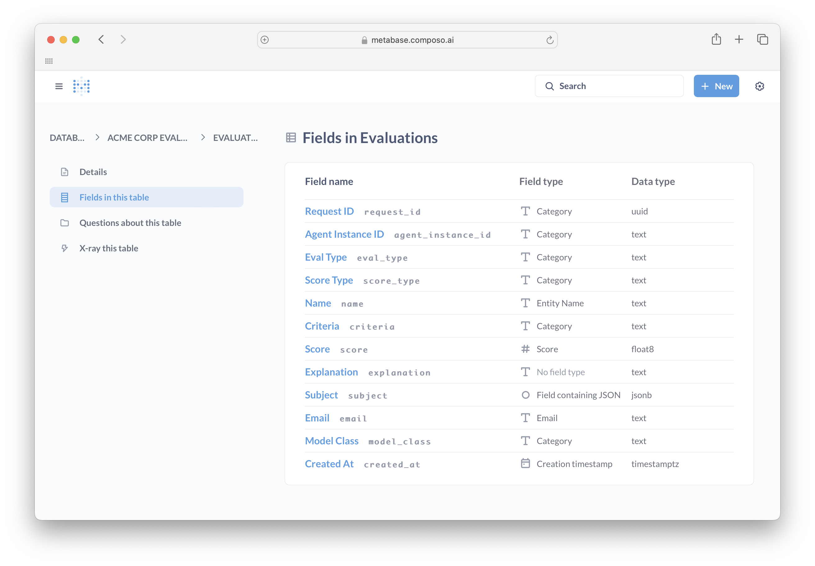 Metabase table schema showing all available fields in the Evaluations table with their data types and descriptions