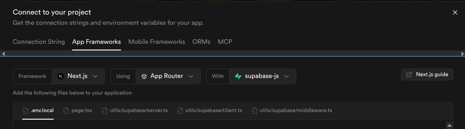 Supabase Environment Variables Dark
