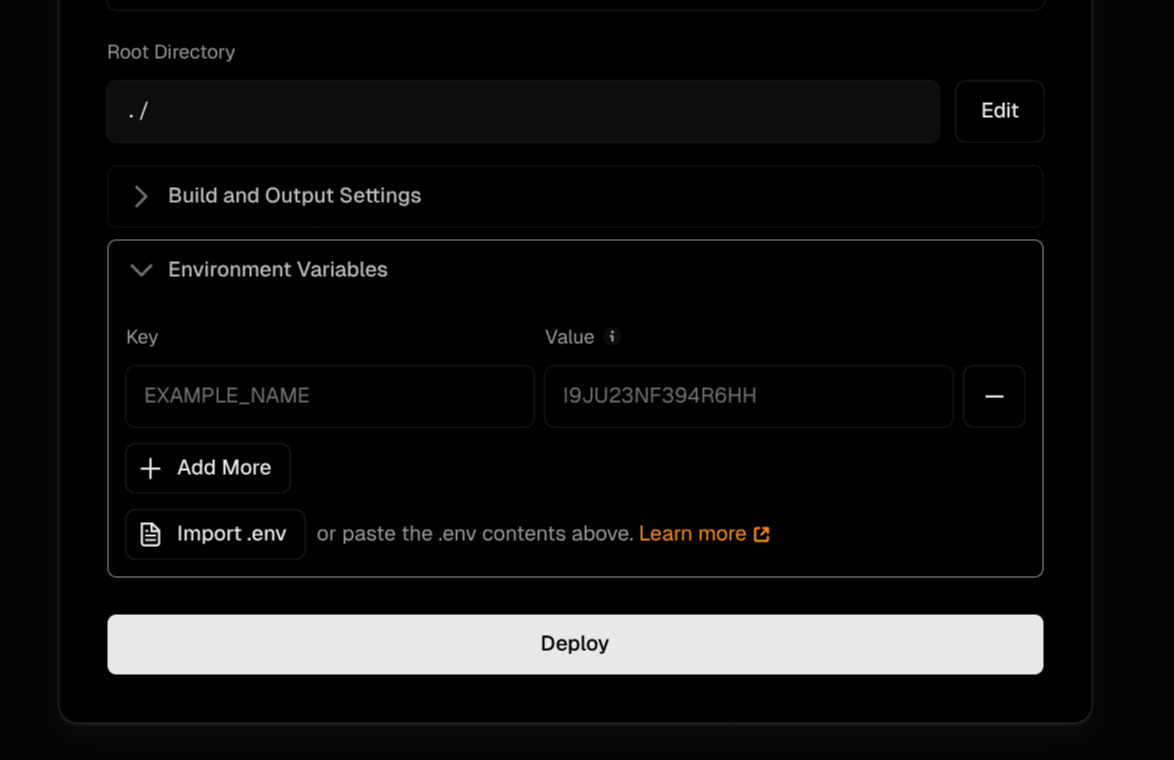 Vercel Environment Variables Dark