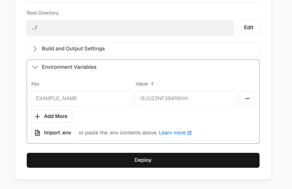 Vercel Environment Variables Light