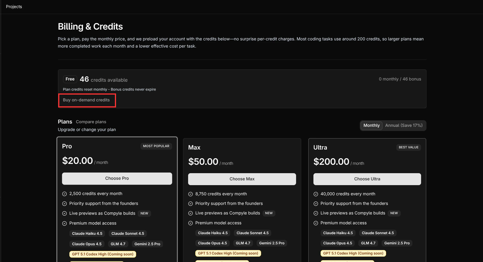 On-Demand Credits Purchase Interface
