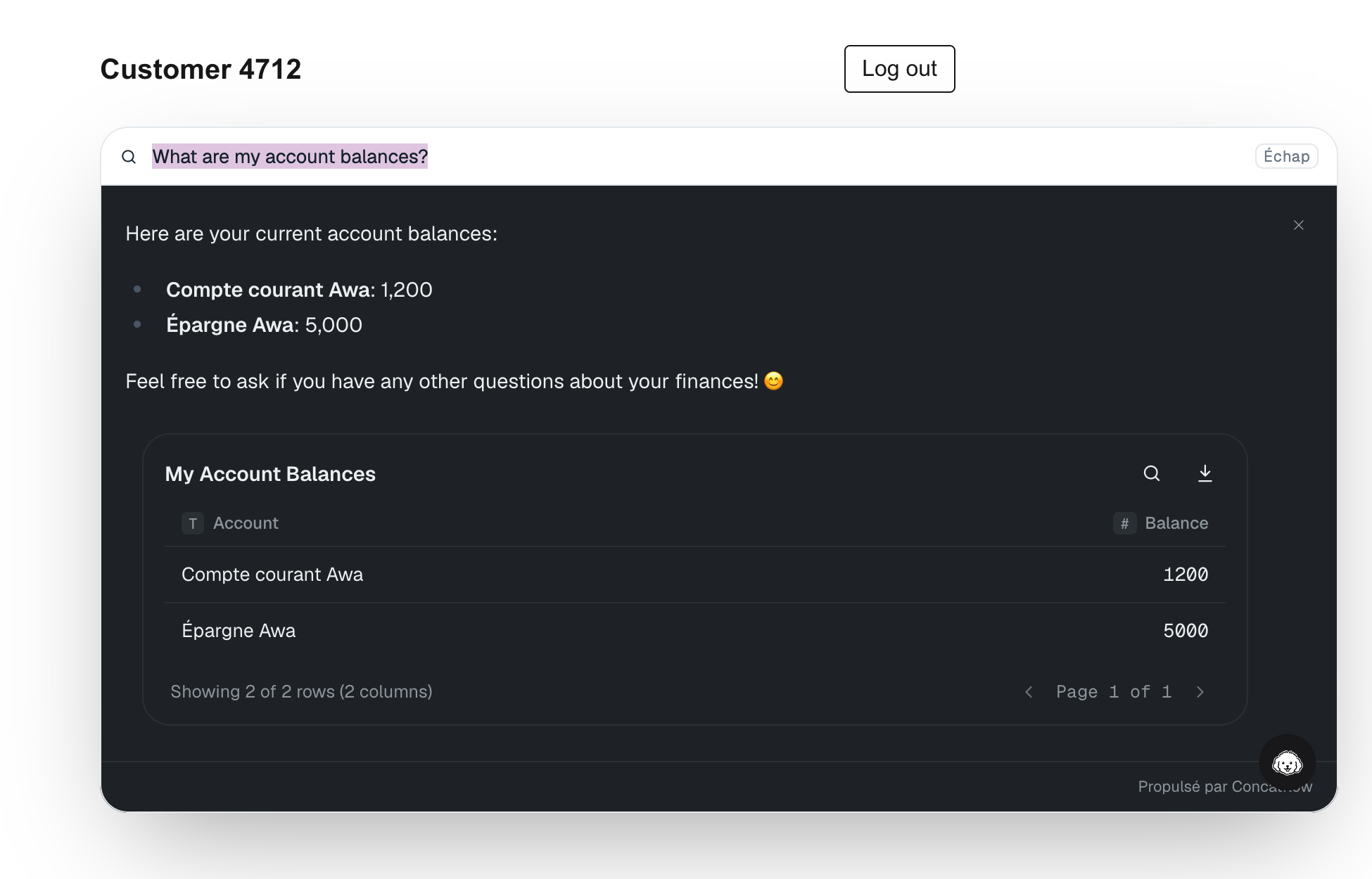 The dashboard of customer 4712 with an answer listing two accounts and their balances