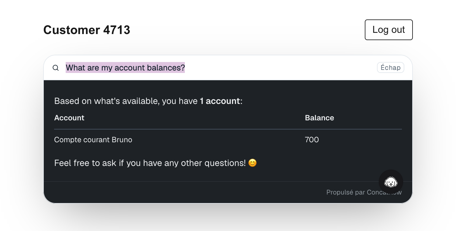 The dashboard of customer 4713 with an answer listing one account