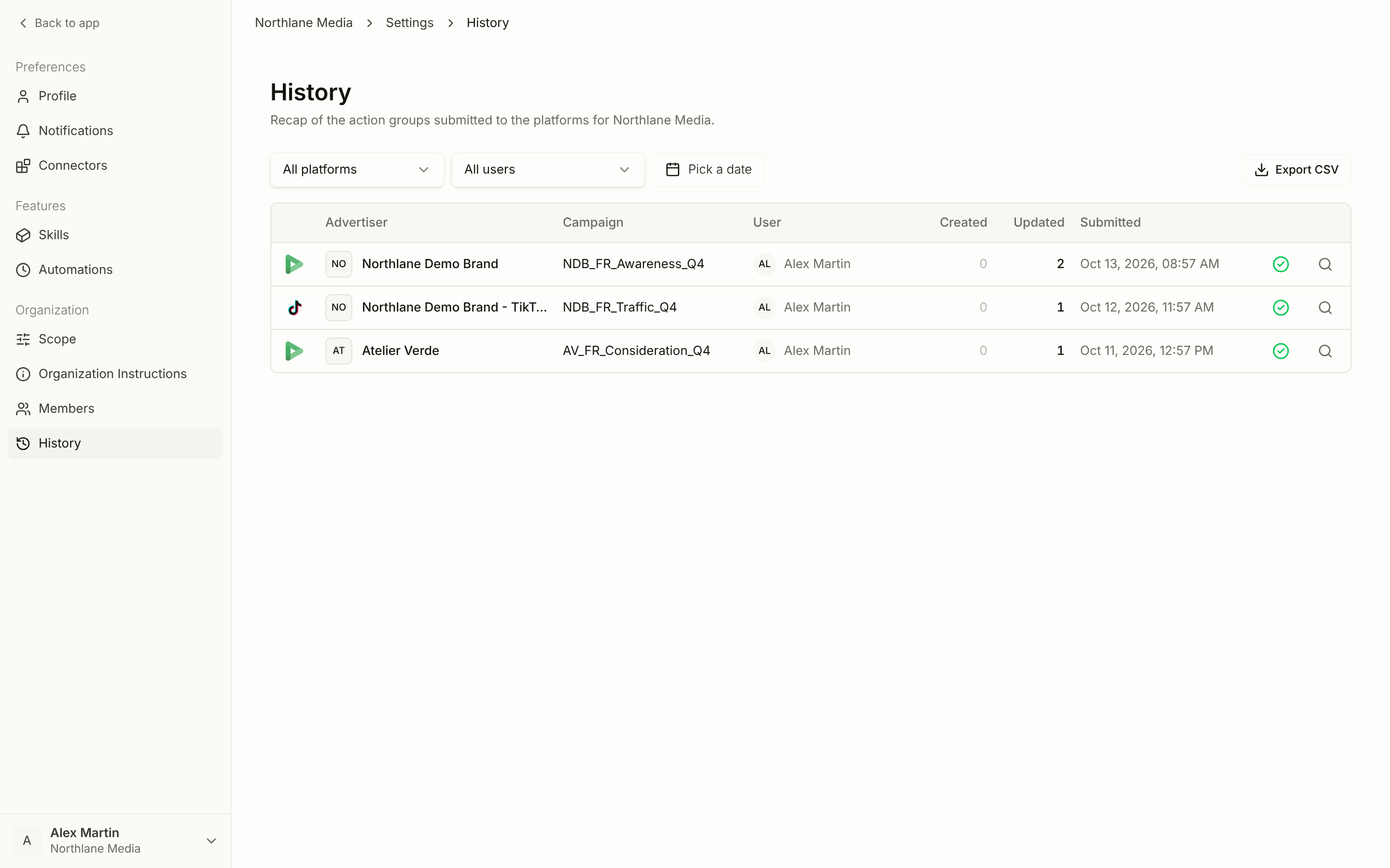 The History page with filters, Export CSV, and submitted platform actions