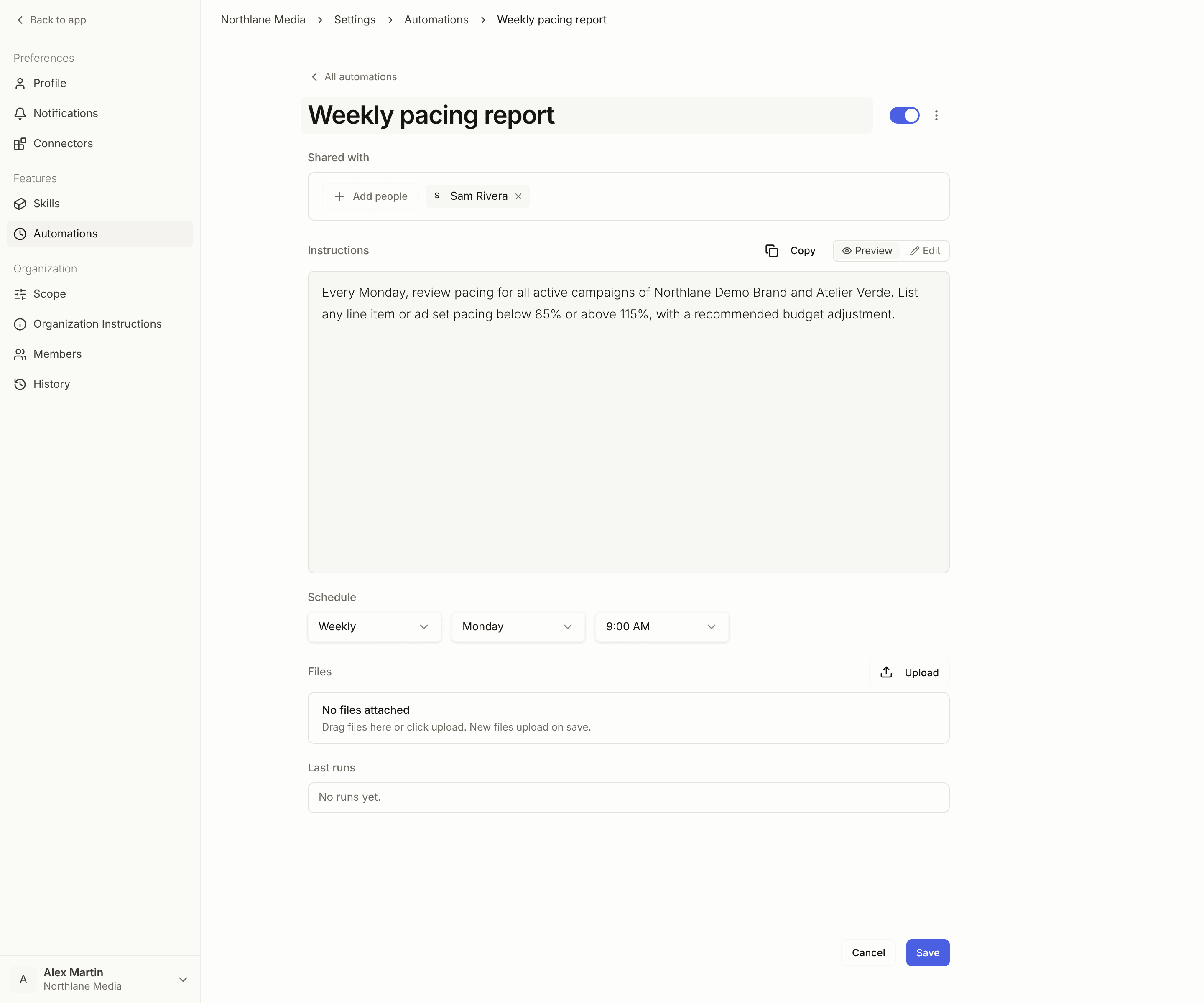 An automation form: name, shared with, instructions, schedule, and files
