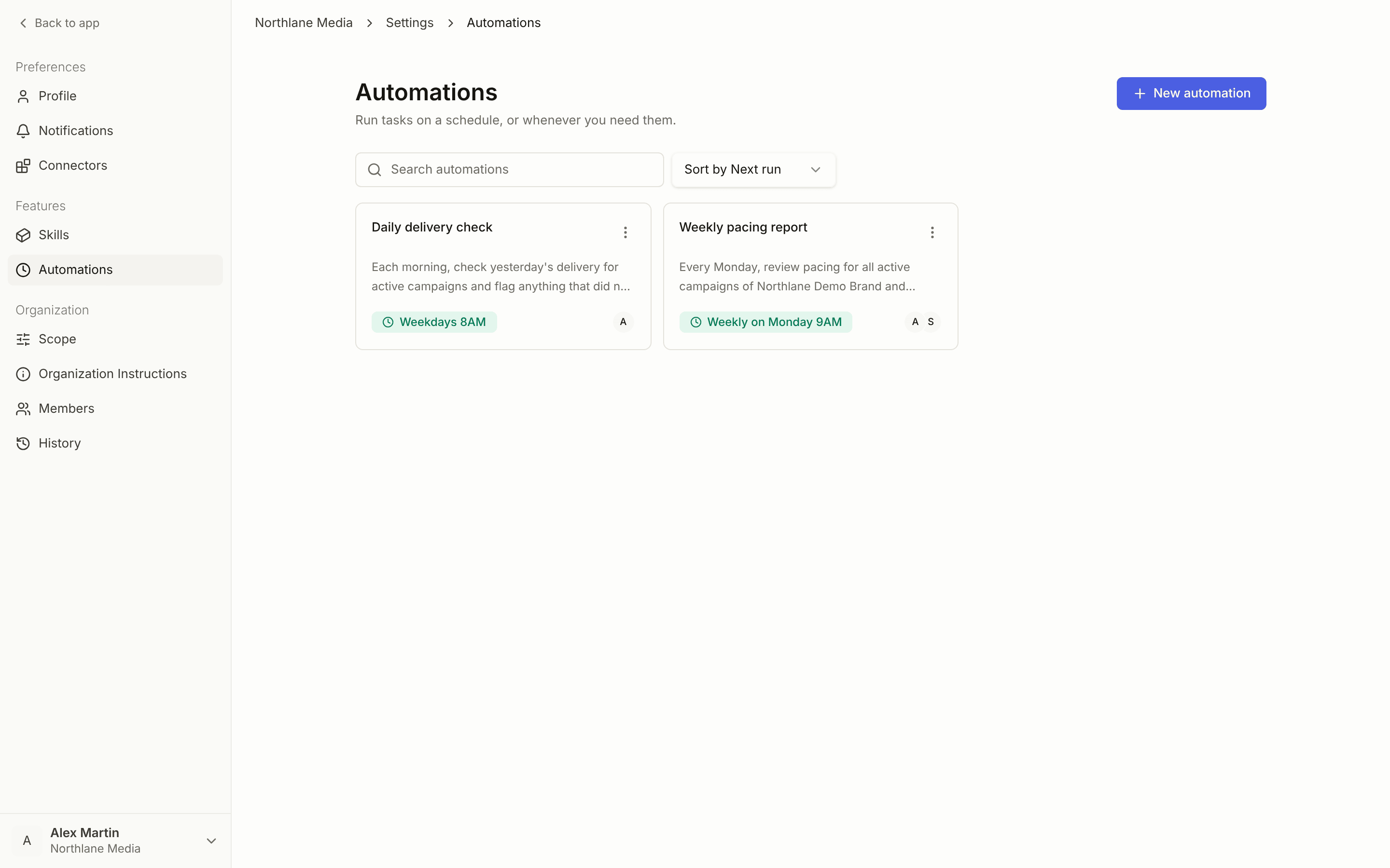 The Automations page with scheduled automations