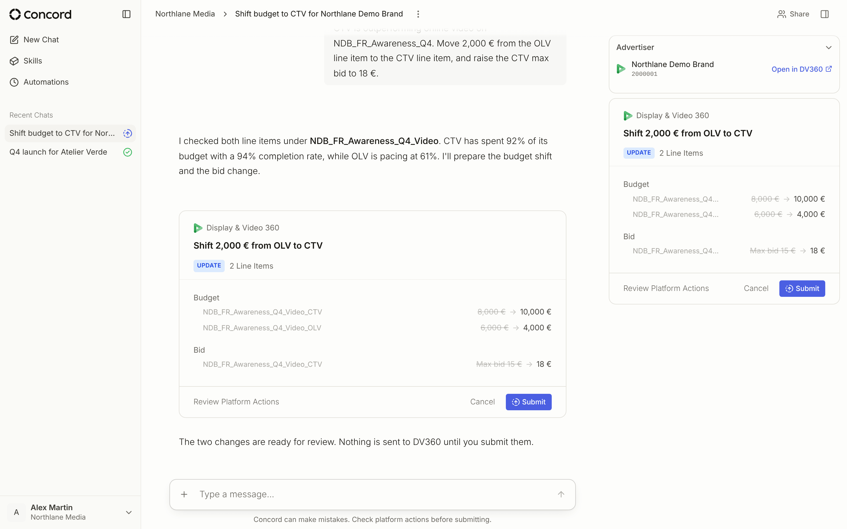 A conversation with a DV360 platform action card showing budget and bid changes, ready to review