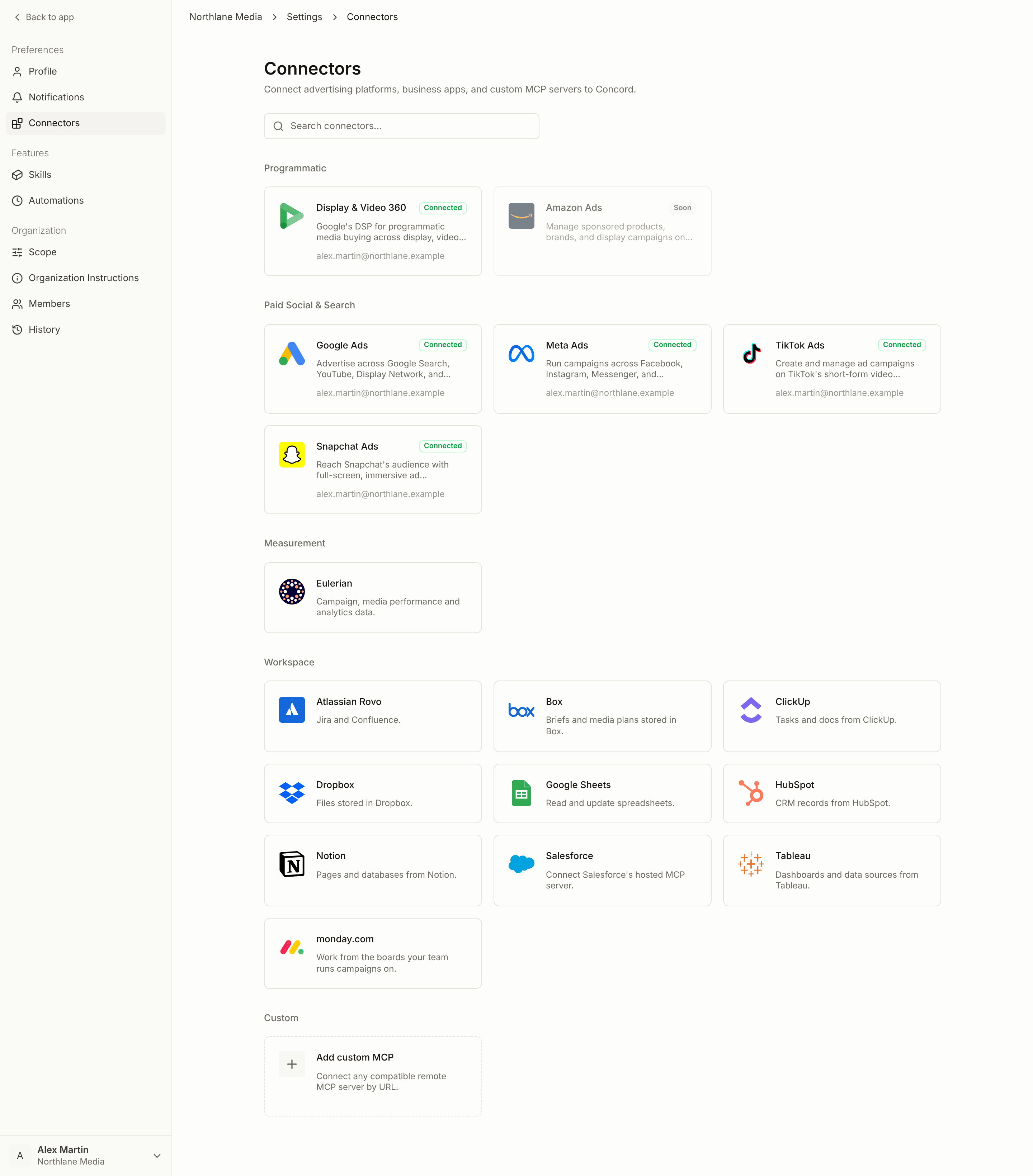 The Connectors page with Programmatic, Paid Social & Search, Measurement, Workspace, and Custom connectors