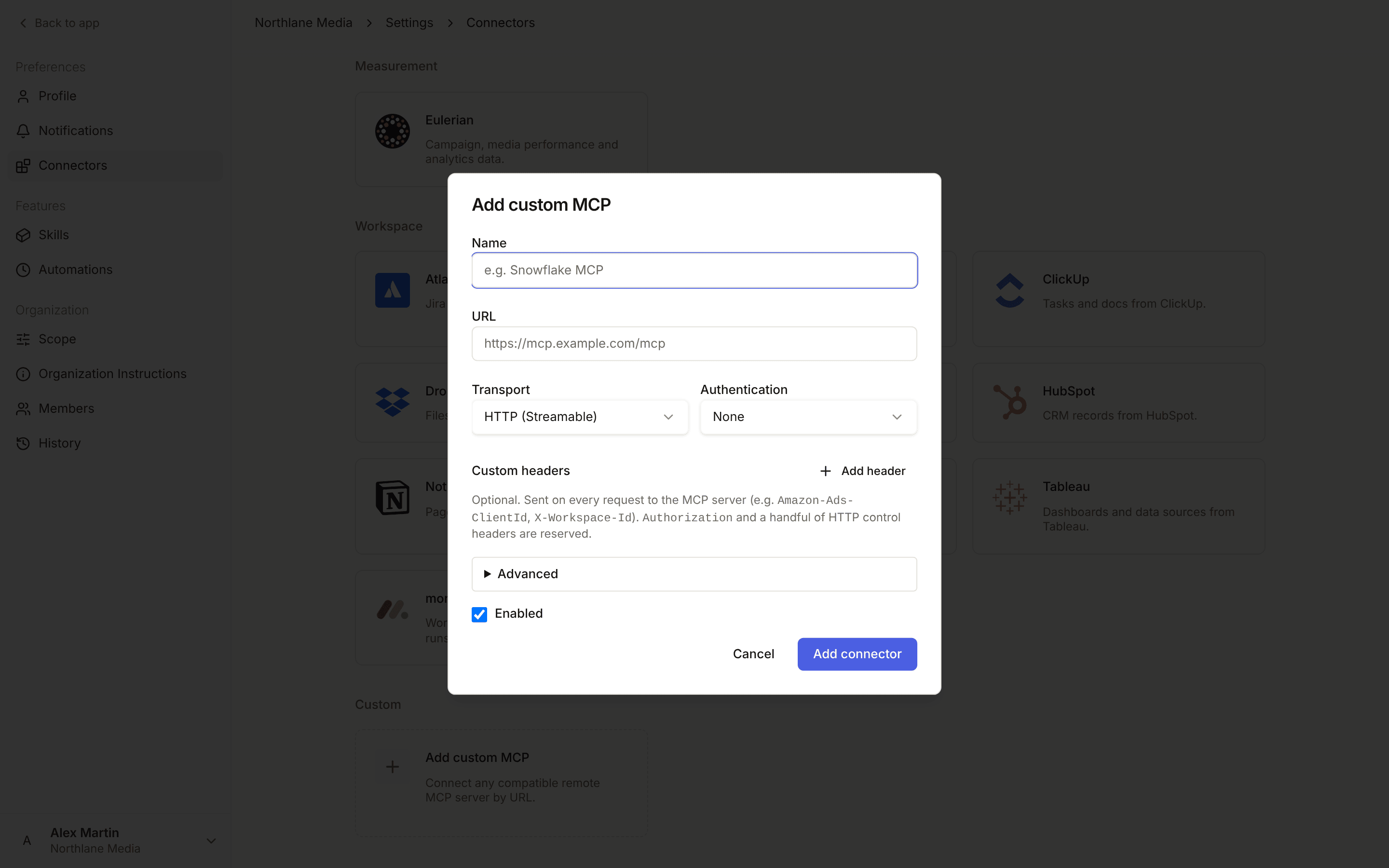 The Add custom MCP form with name, URL, transport, and authentication