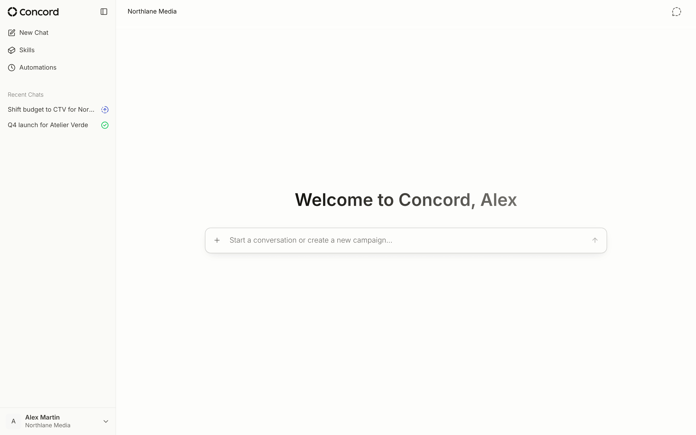 Home in Concord, with the message box to start a new chat