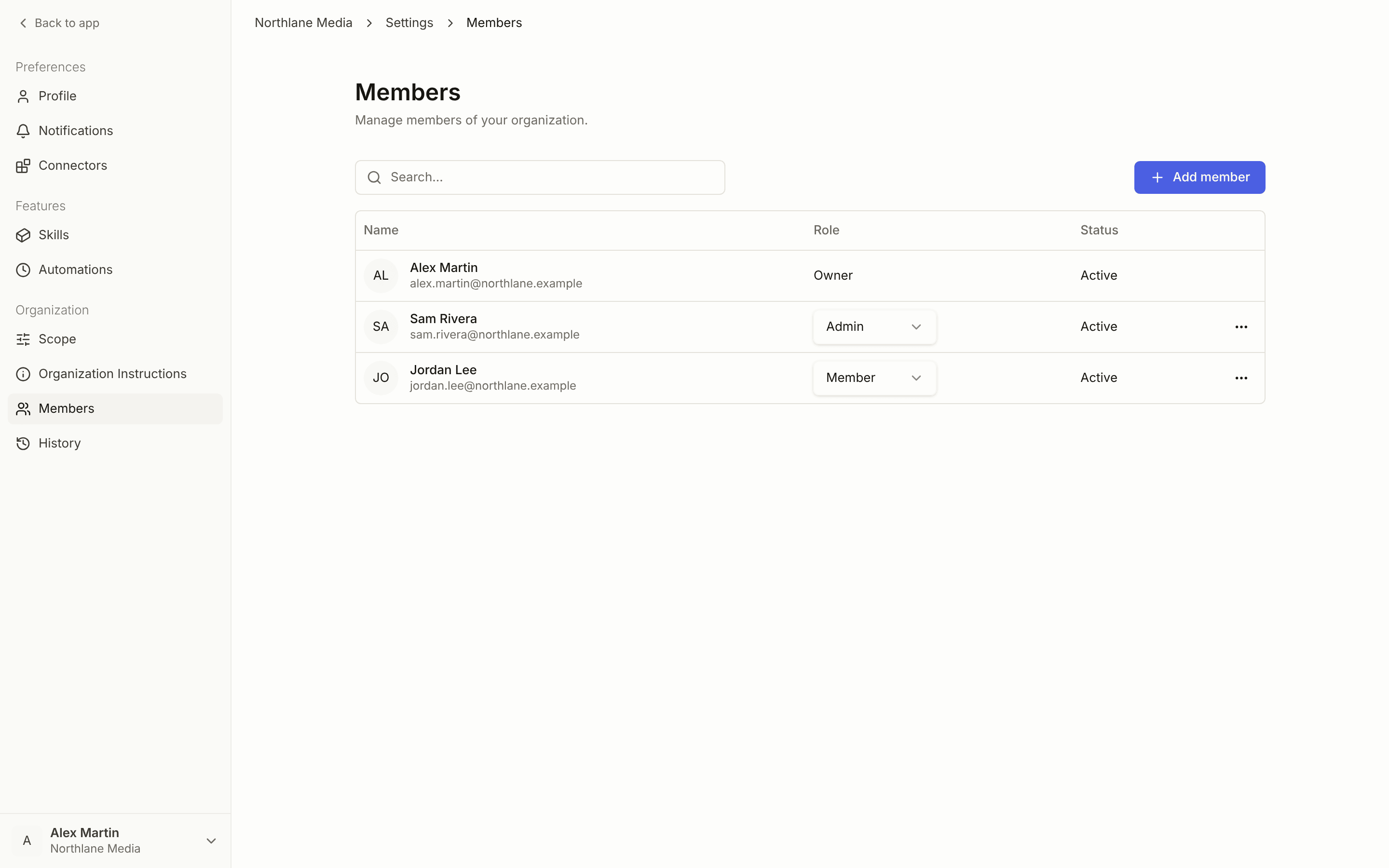 The Members page with owner, admin, and member roles and the Add member button