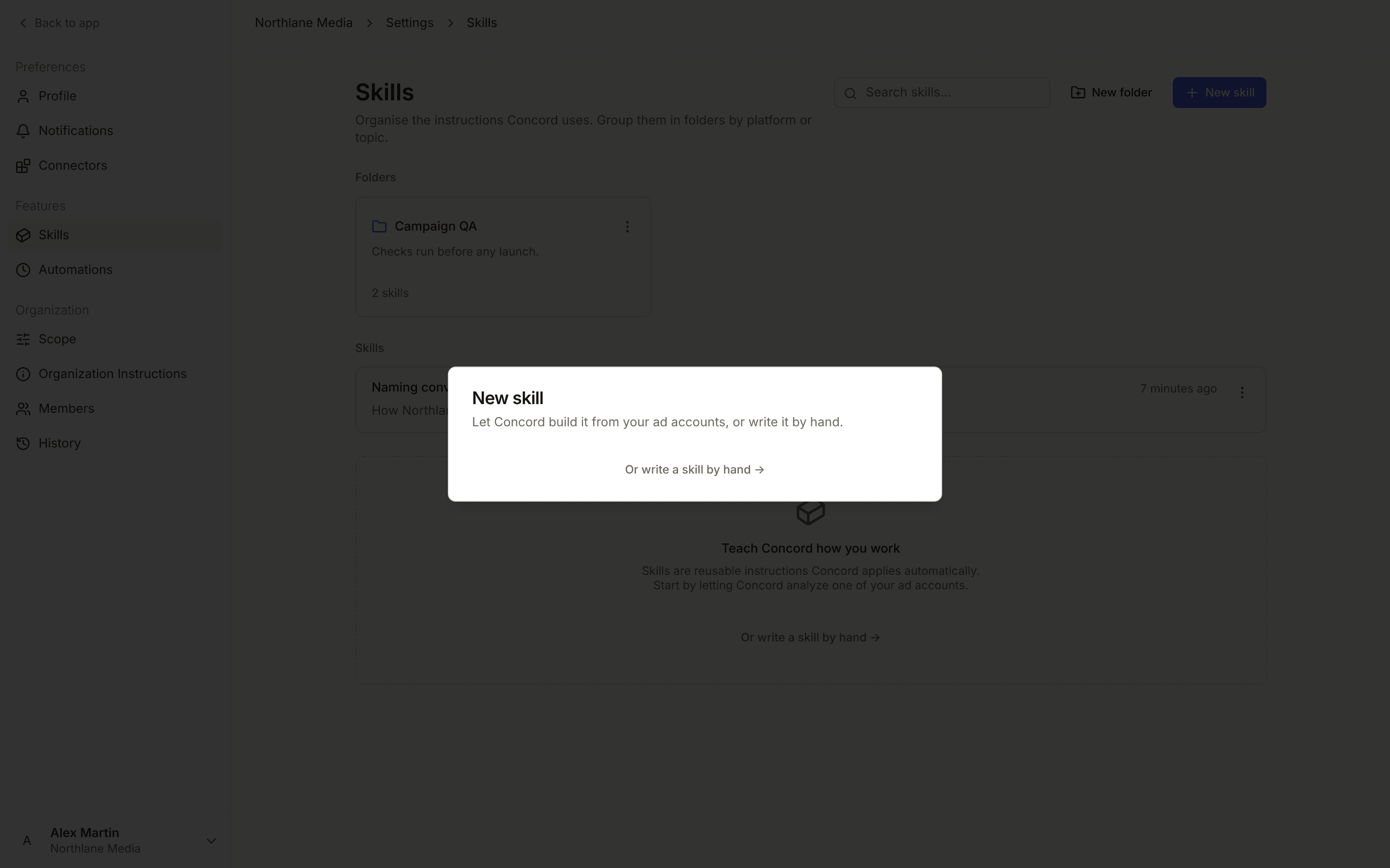 The New skill window: build a Skill from your ad accounts, or write one by hand