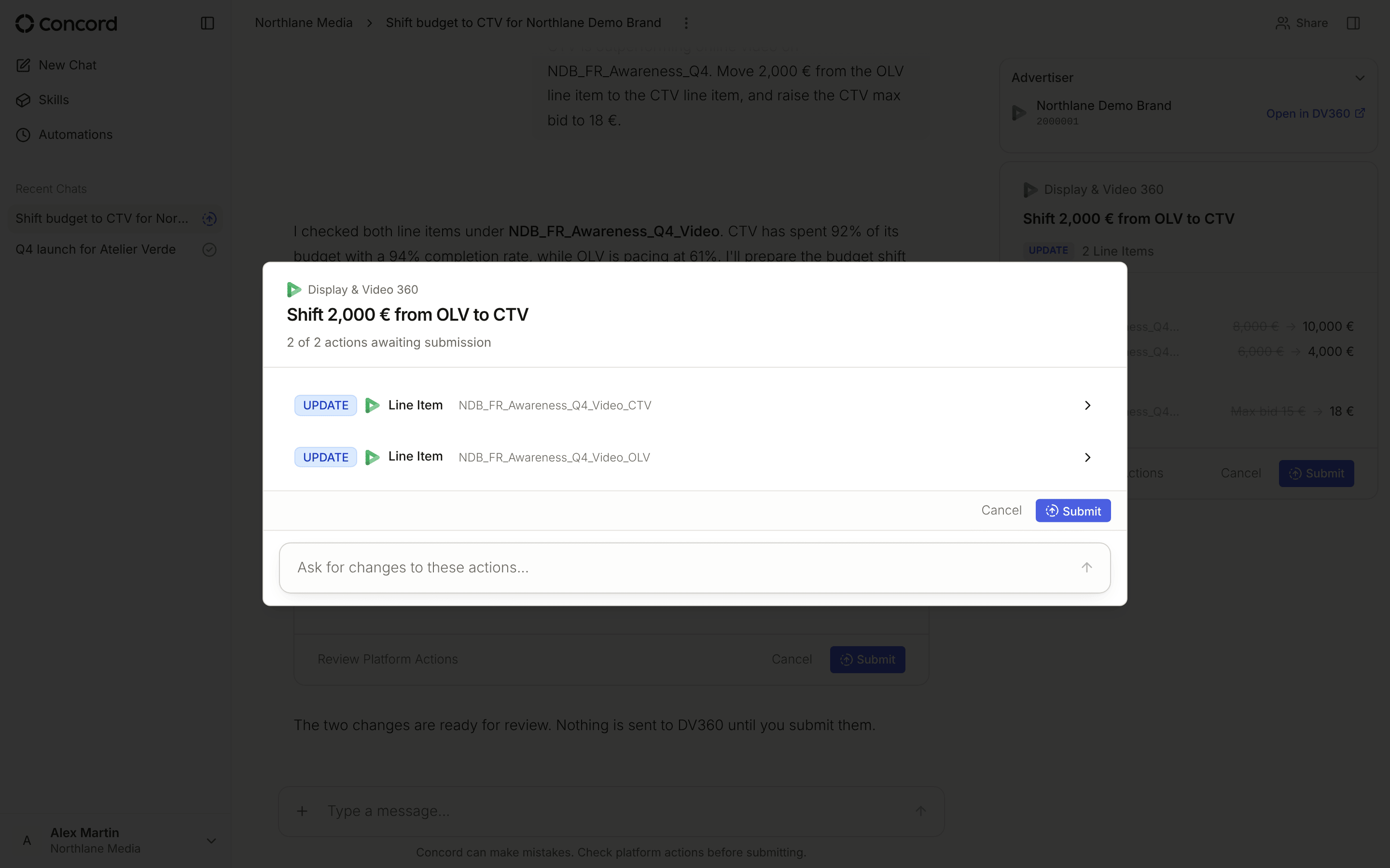 The Review platform actions window listing two line item updates, with Cancel and Submit