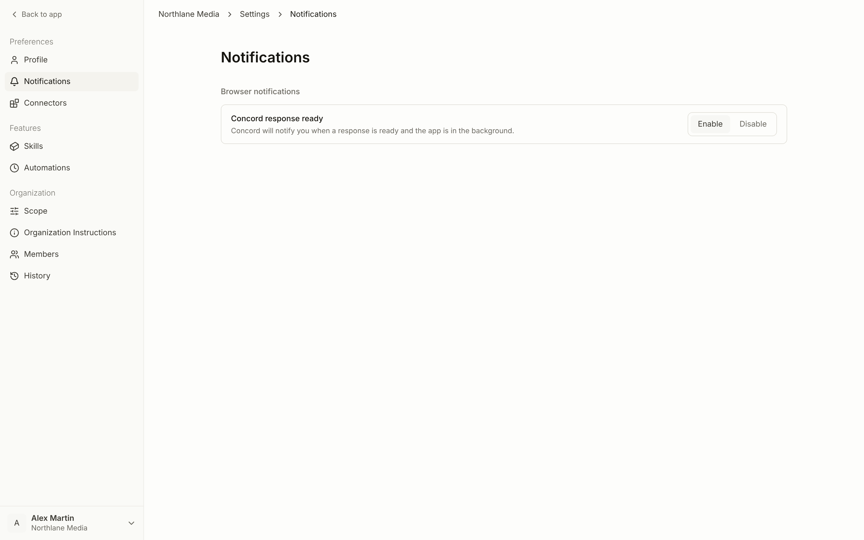 The Notifications settings page with the Concord response ready setting