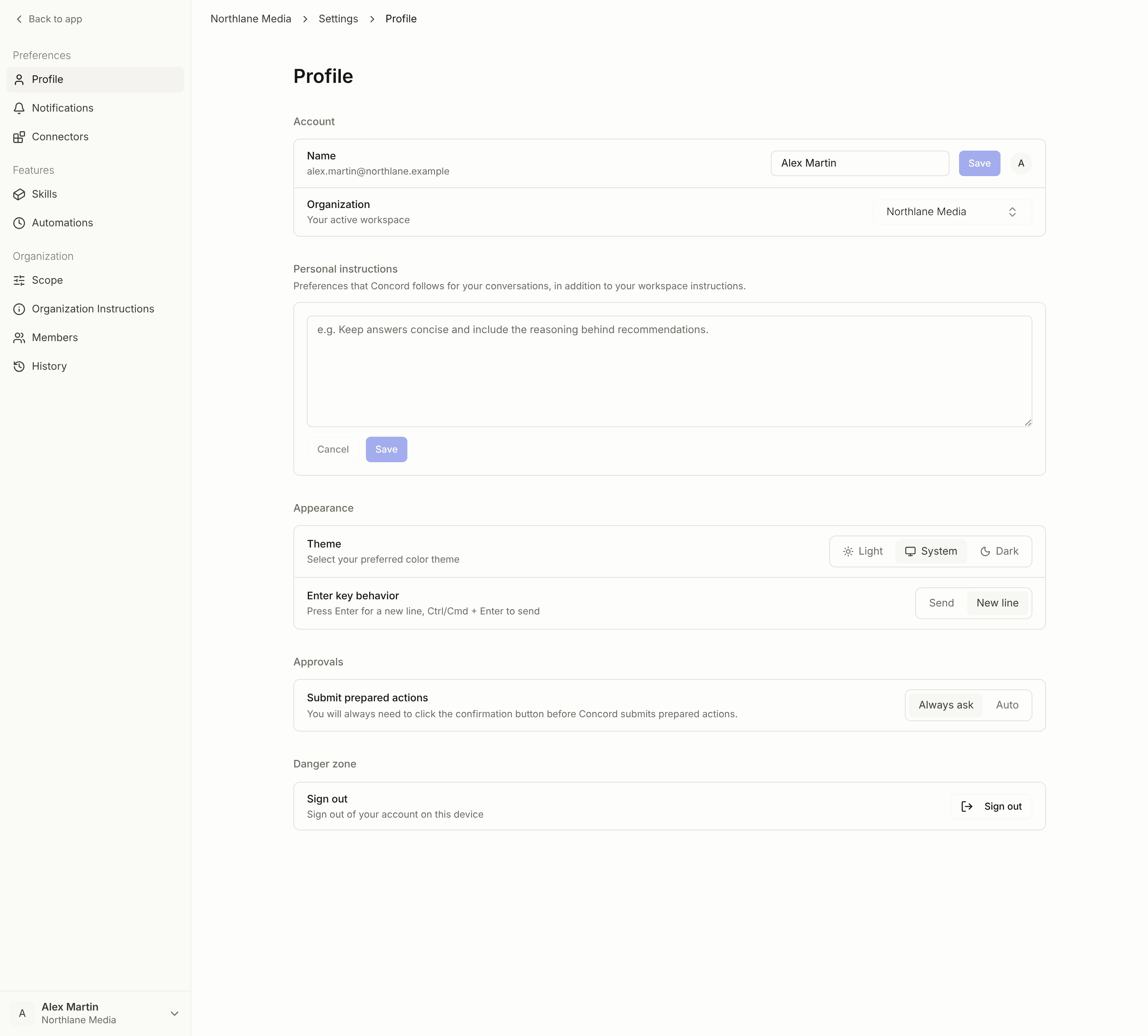 The Profile settings page: name, organization, personal instructions, appearance, approvals, and sign out